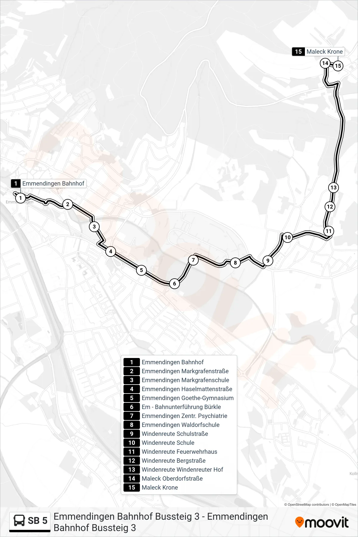 SB 5 bus Line (Maleck Krone) route and stops on a map
