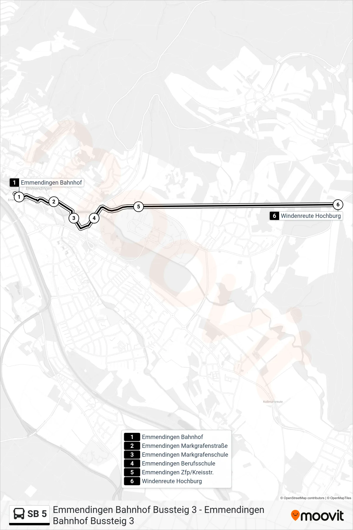 SB 5 bus Line (Windenreute Hochburg) route and stops on a map