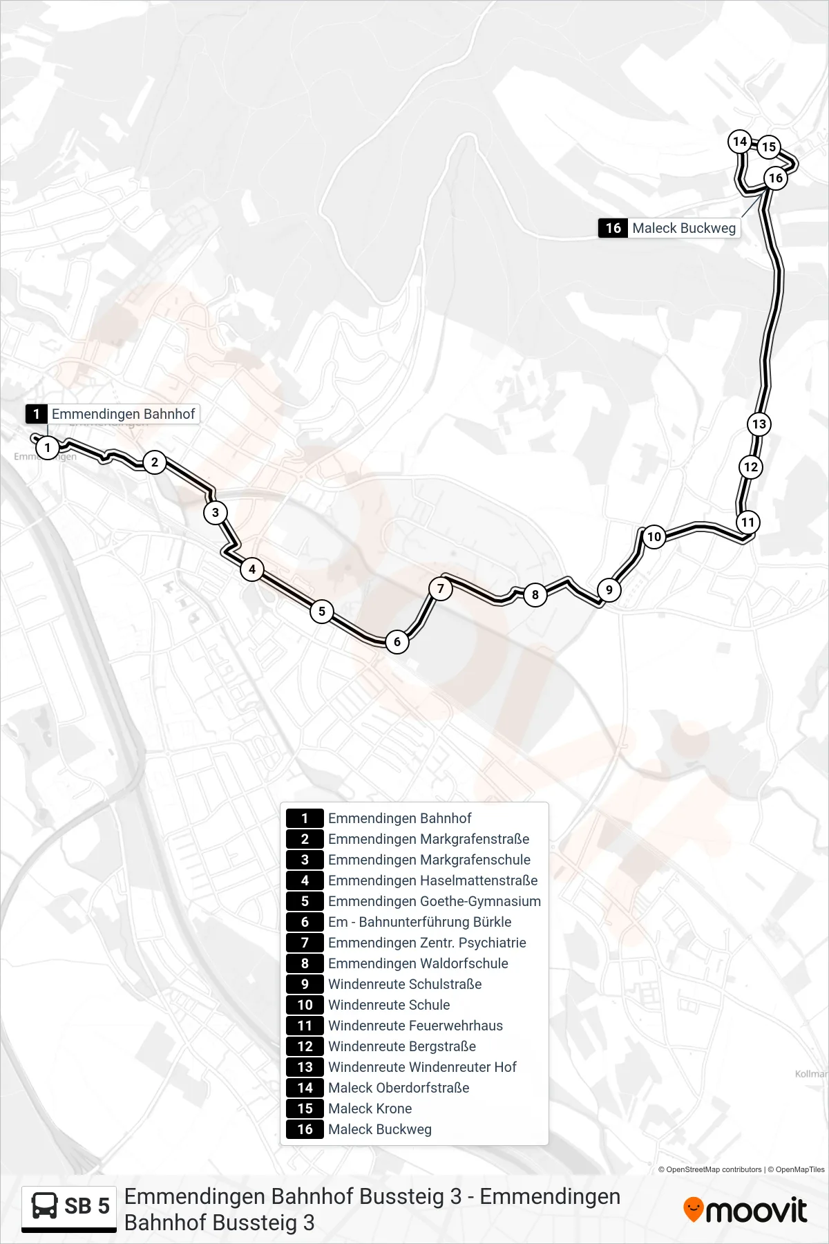 SB 5 bus Line (Maleck Buckweg) route and stops on a map
