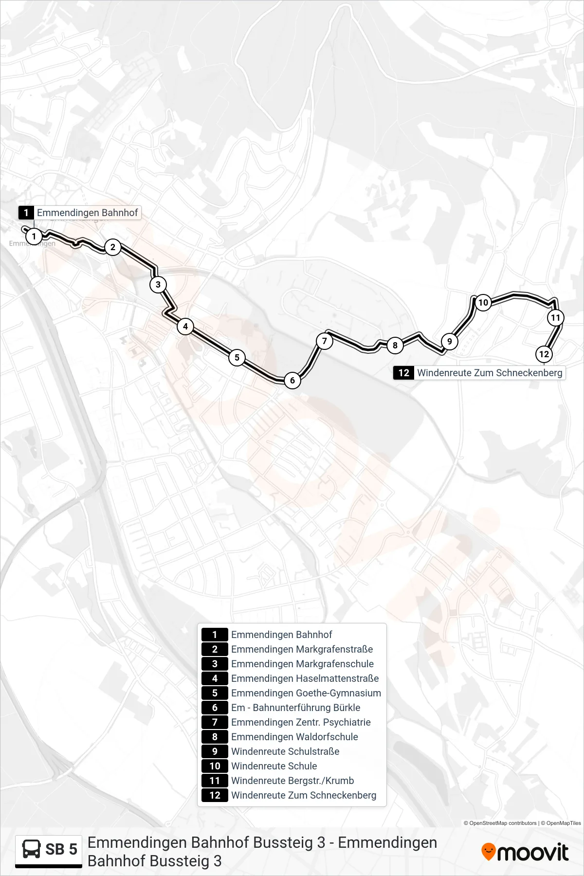 SB 5 bus Line (Windenreute Zum Schneckenberg) route and stops on a map
