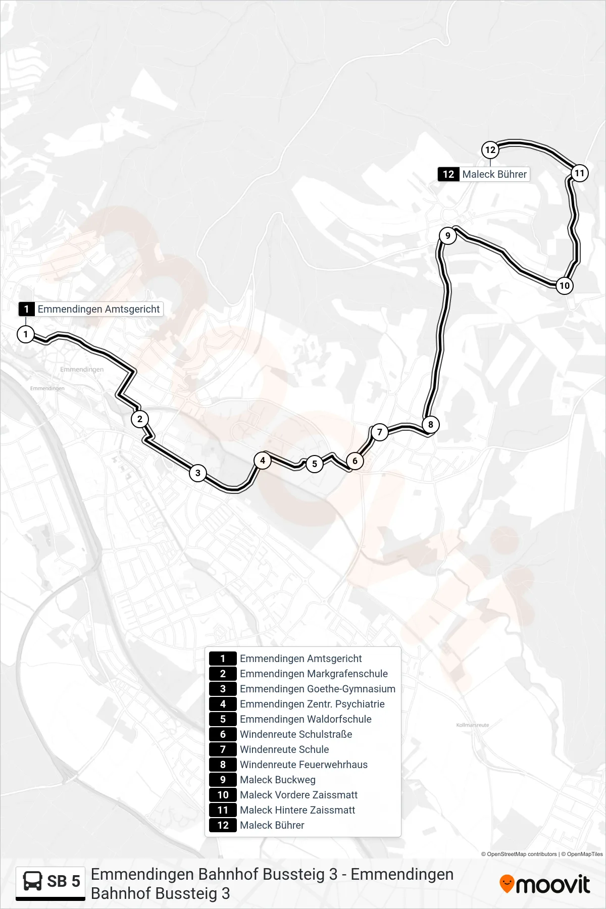 SB 5 bus Line (Maleck Bührer) route and stops on a map