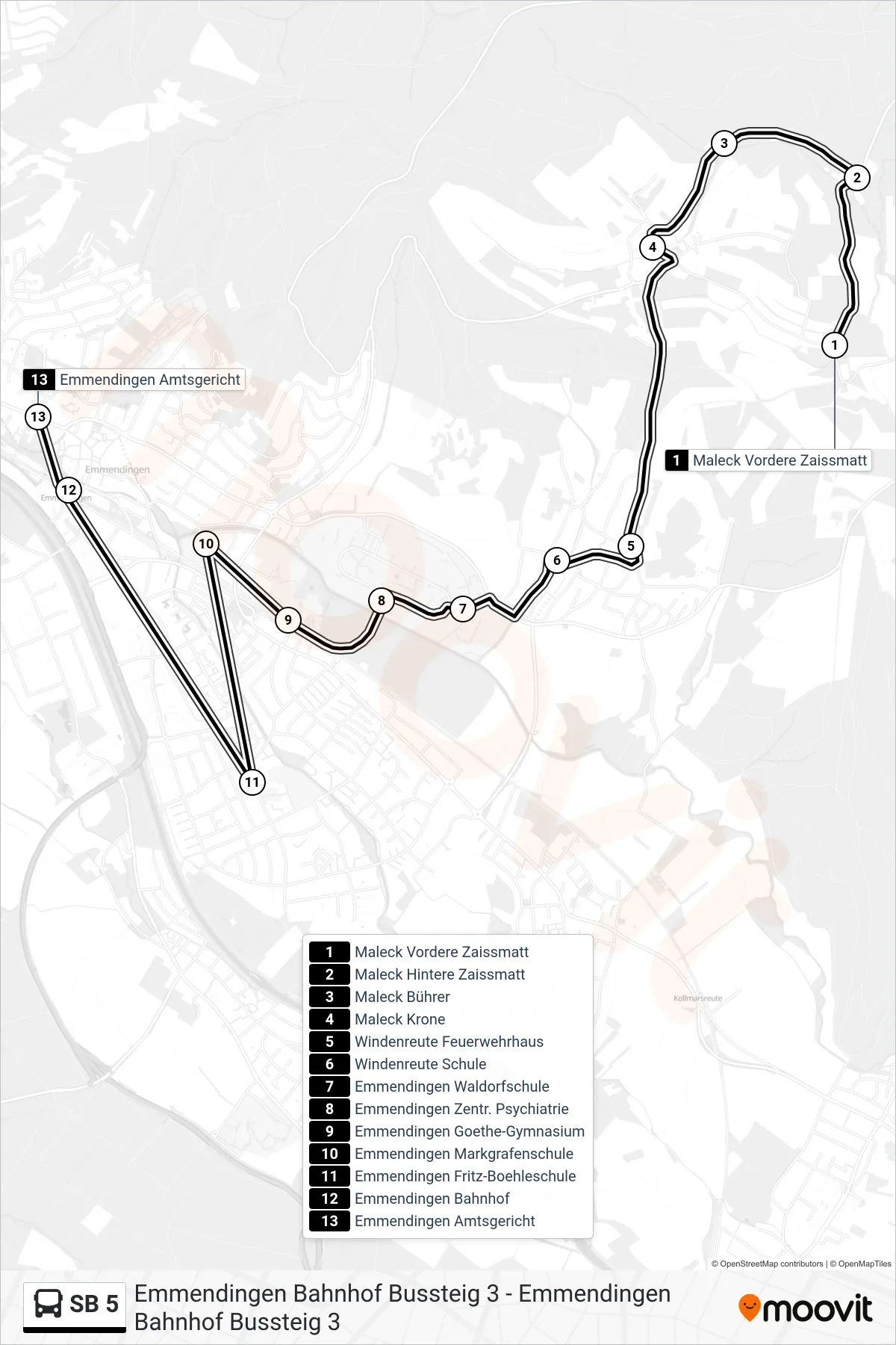 SB 5 bus Line (Emmendingen Amtsgericht) route and stops on a map