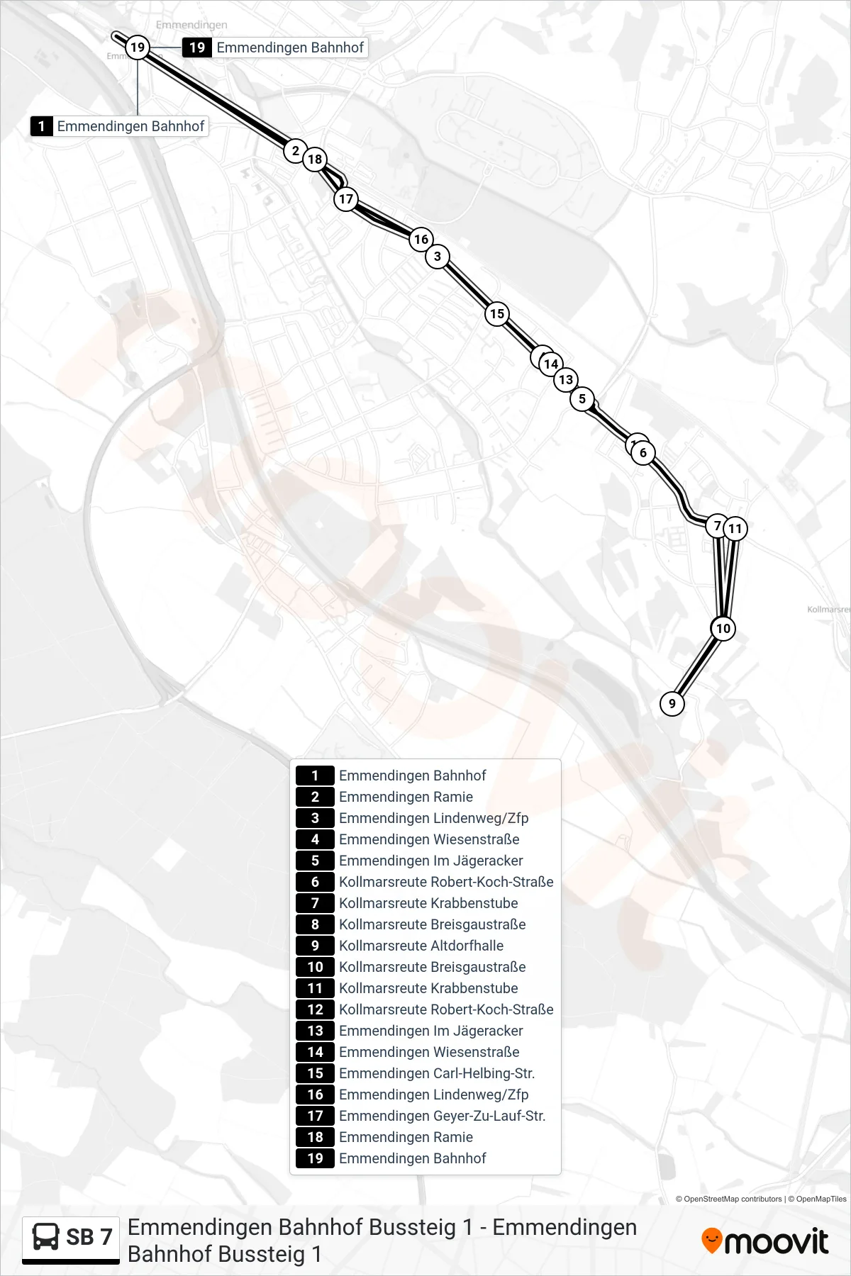 Linie SB 7 (Bus) Richtung Emmendingen Bahnhof Bussteig 1: Route und Haltestellen auf der Karte