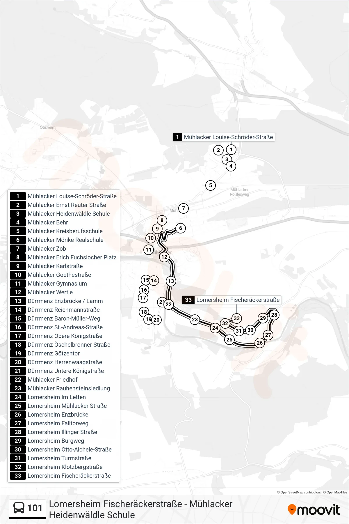 101 bus Line (Lomersheim Fischeräckerstraße) route and stops on a map