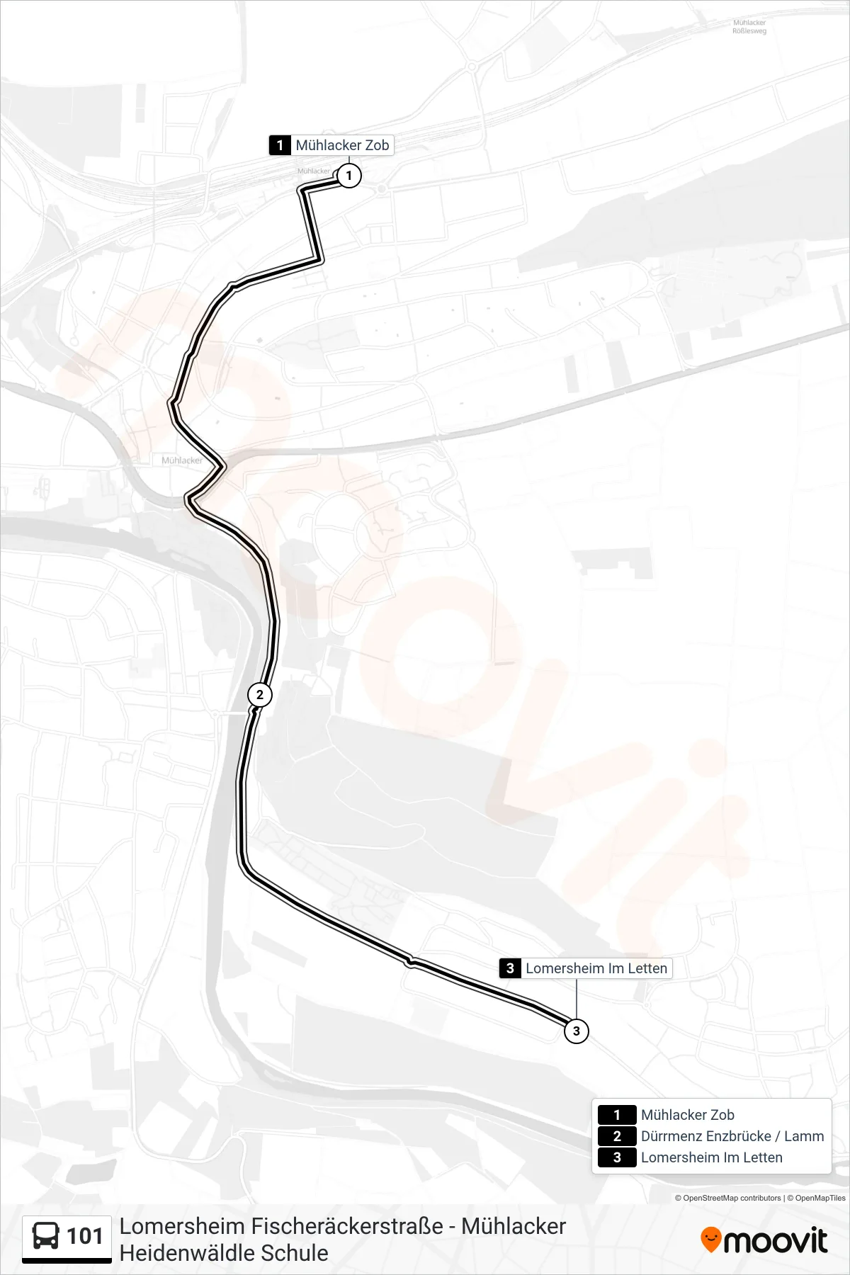 101 bus Line (Lomersheim Im Letten) route and stops on a map