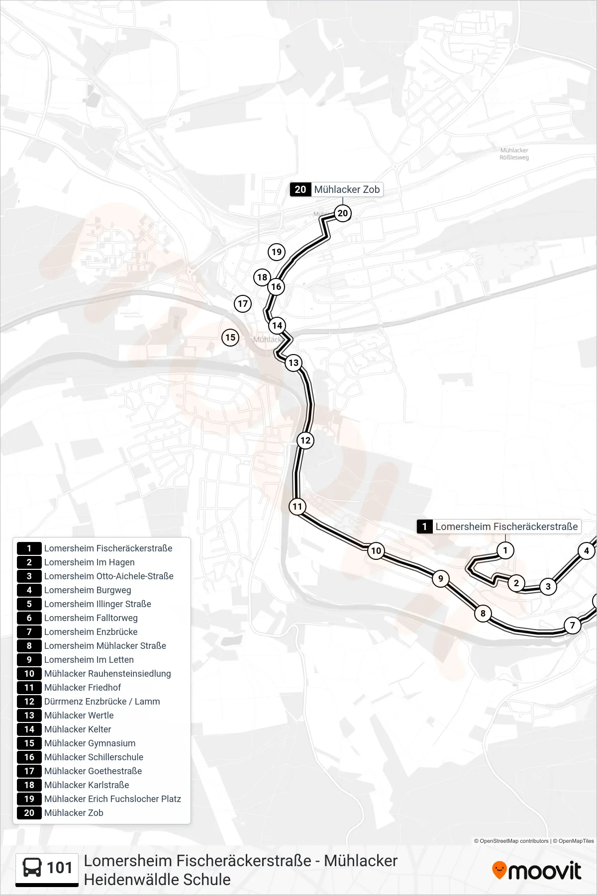 101 bus Line (Mühlacker Zob) route and stops on a map