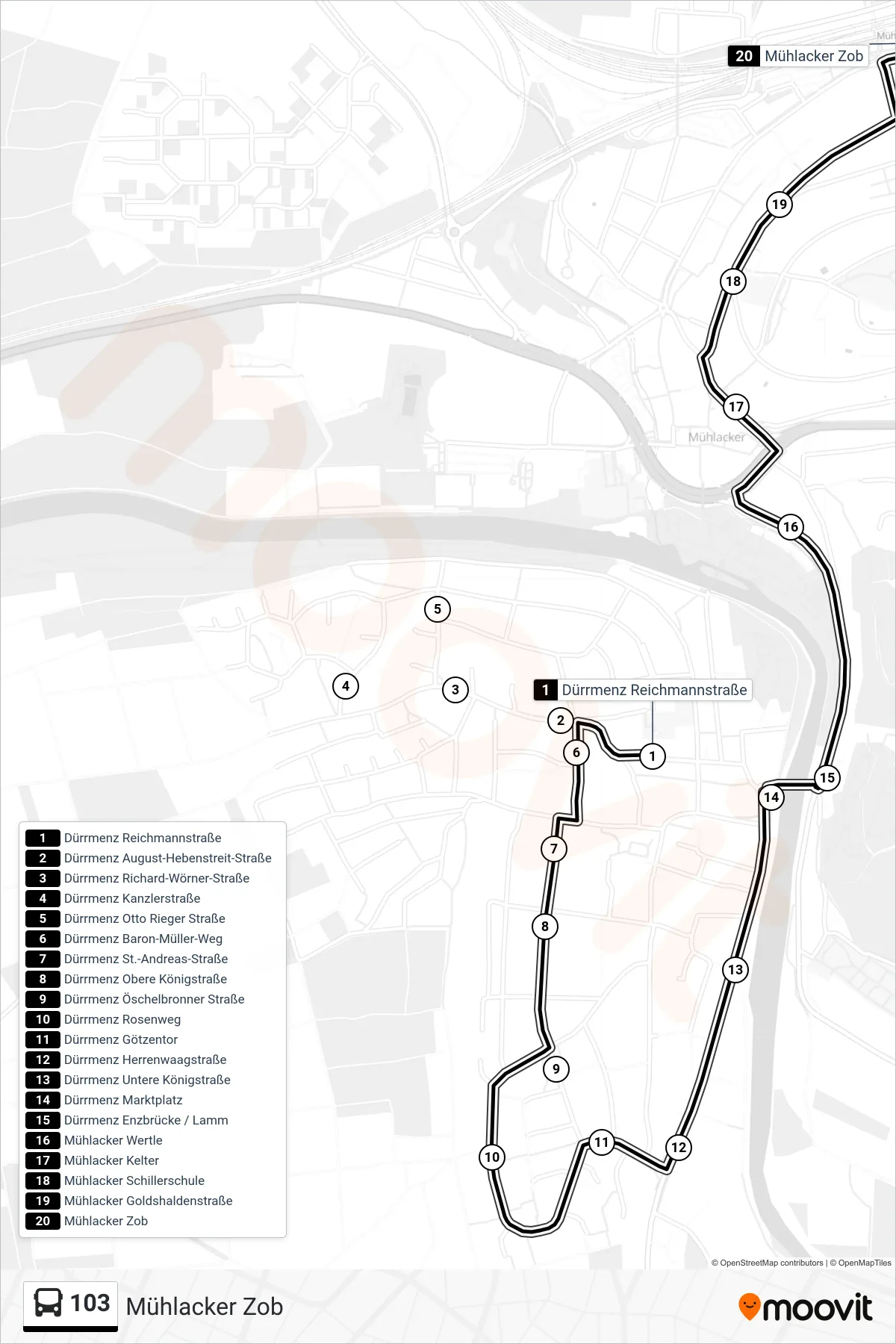 103 bus Line (Mühlacker Zob) route and stops on a map