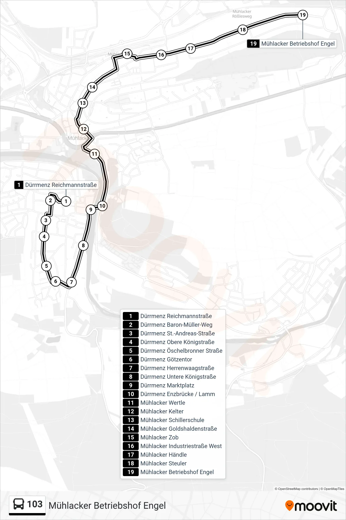 103 bus Line (Mühlacker Betriebshof Engel) route and stops on a map