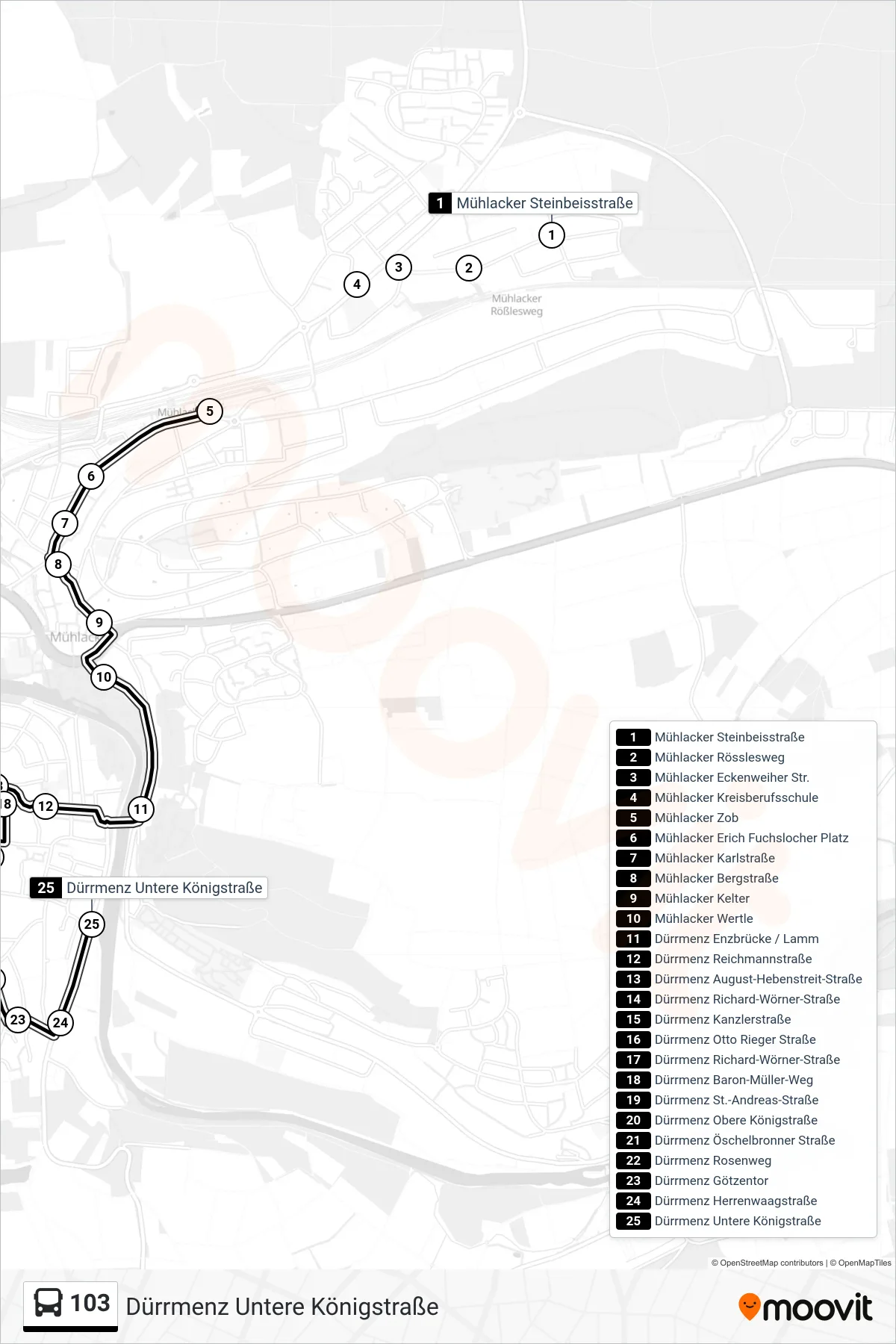 103 bus Line (Dürrmenz Untere Königstraße) route and stops on a map