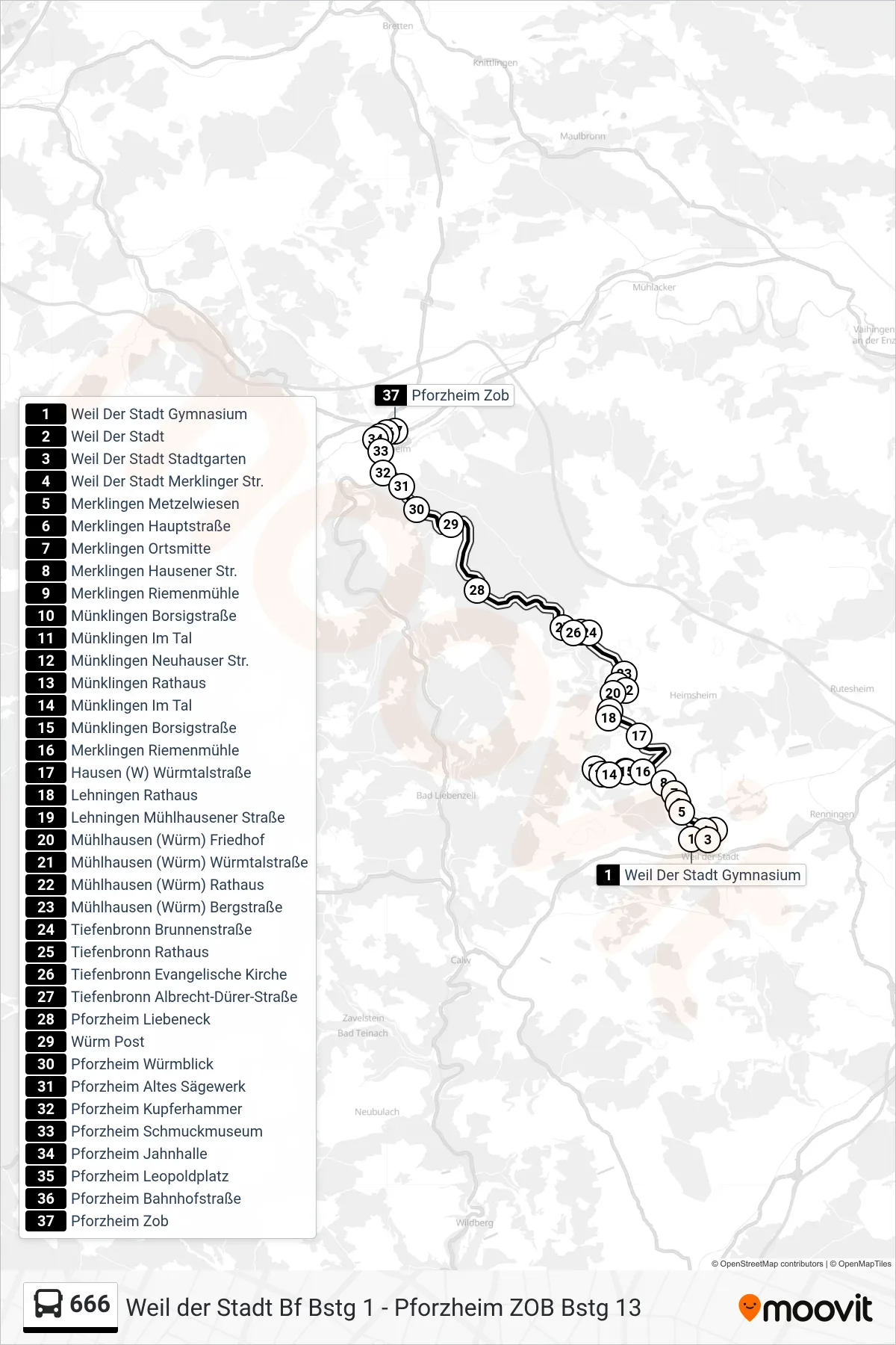 666 bus Line (Pforzheim Zob) route and stops on a map