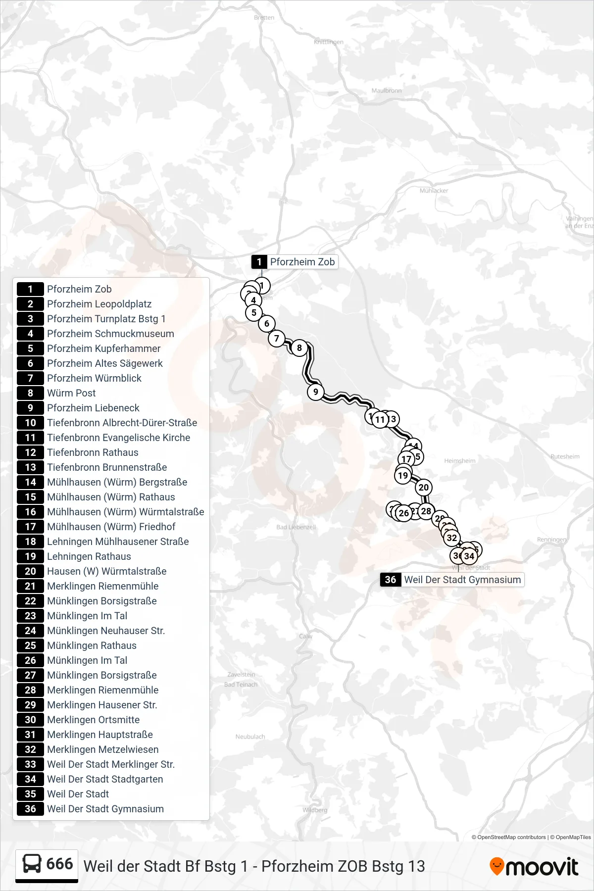 Linie 666 (Bus) Richtung Weil Der Stadt Gymnasium: Route und Haltestellen auf der Karte