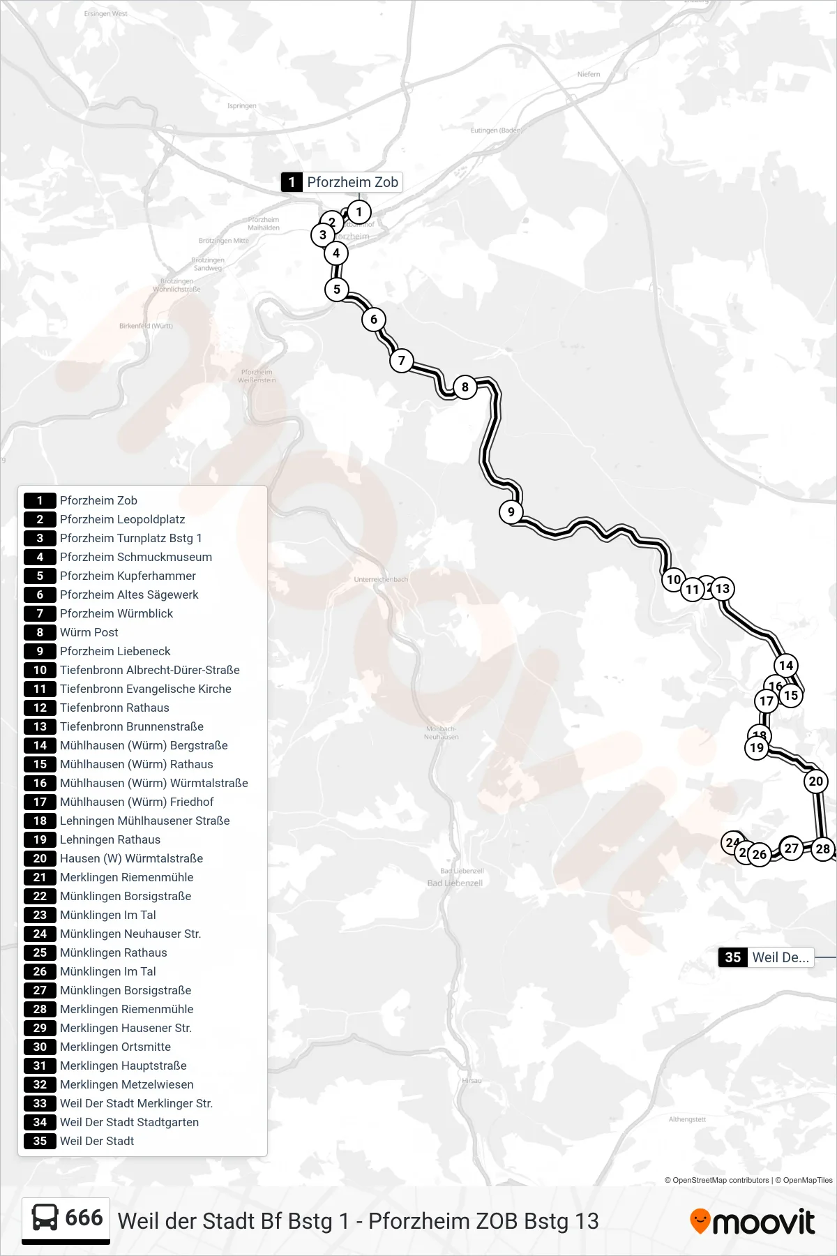 666 bus Line (Weil Der Stadt) route and stops on a map