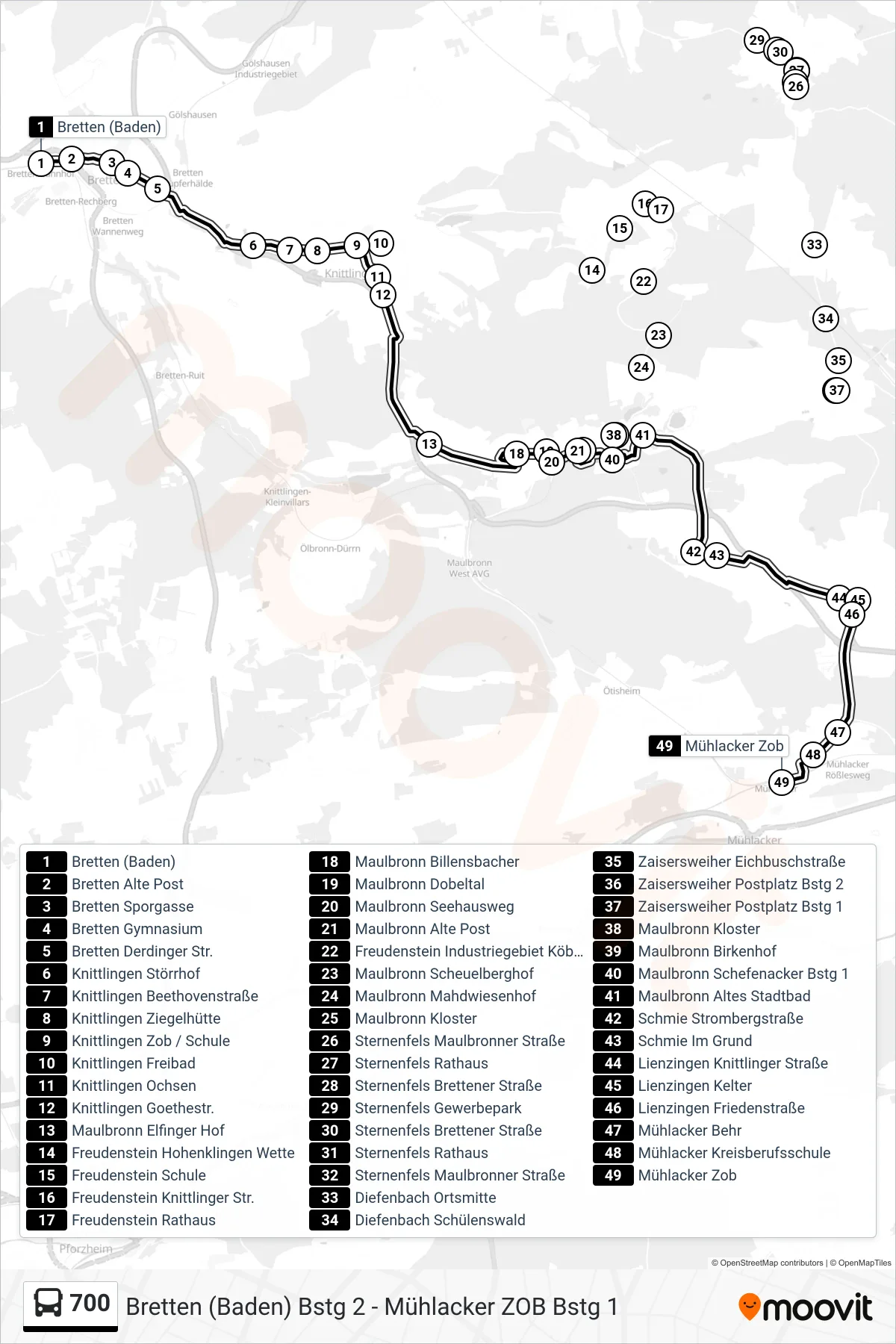 700 bus Line (Mühlacker Zob) route and stops on a map
