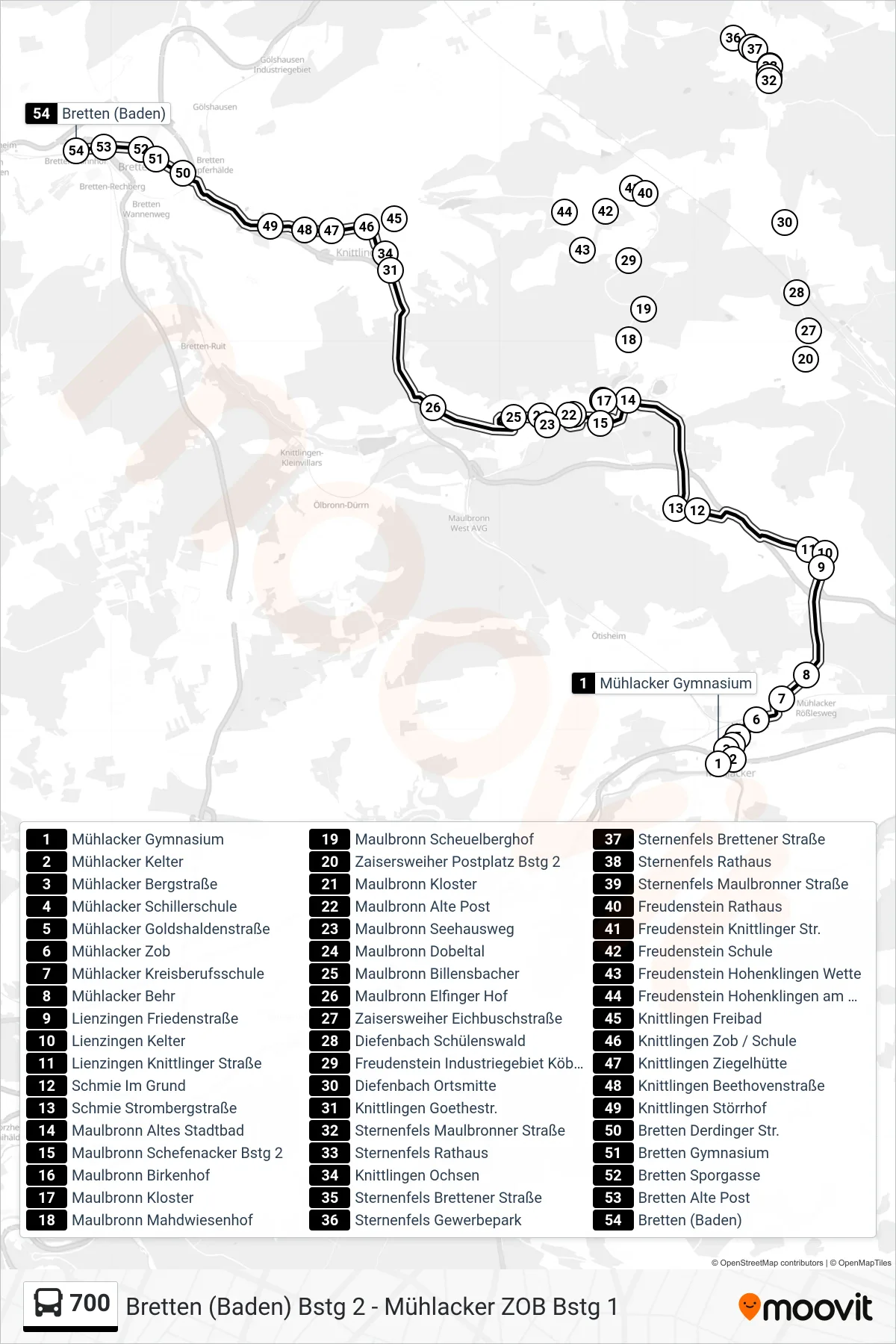 700 bus Line (Bretten (Baden)) route and stops on a map