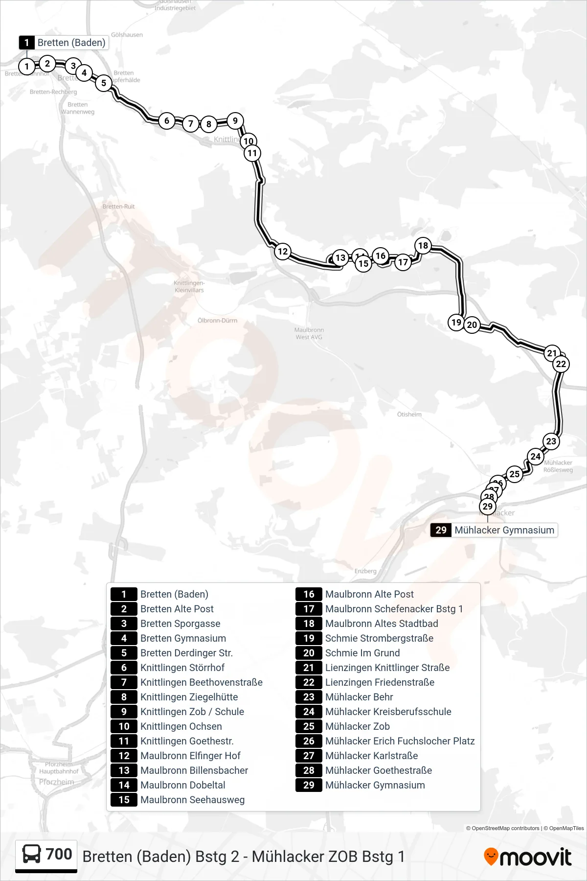 Linie 700 (Bus) Richtung Mühlacker Gymnasium: Route und Haltestellen auf der Karte