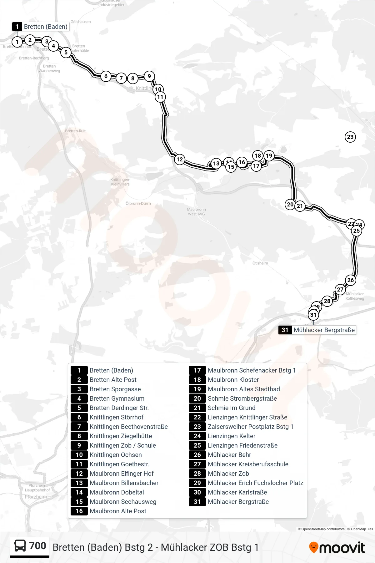 700 bus Line (Mühlacker Bergstraße) route and stops on a map
