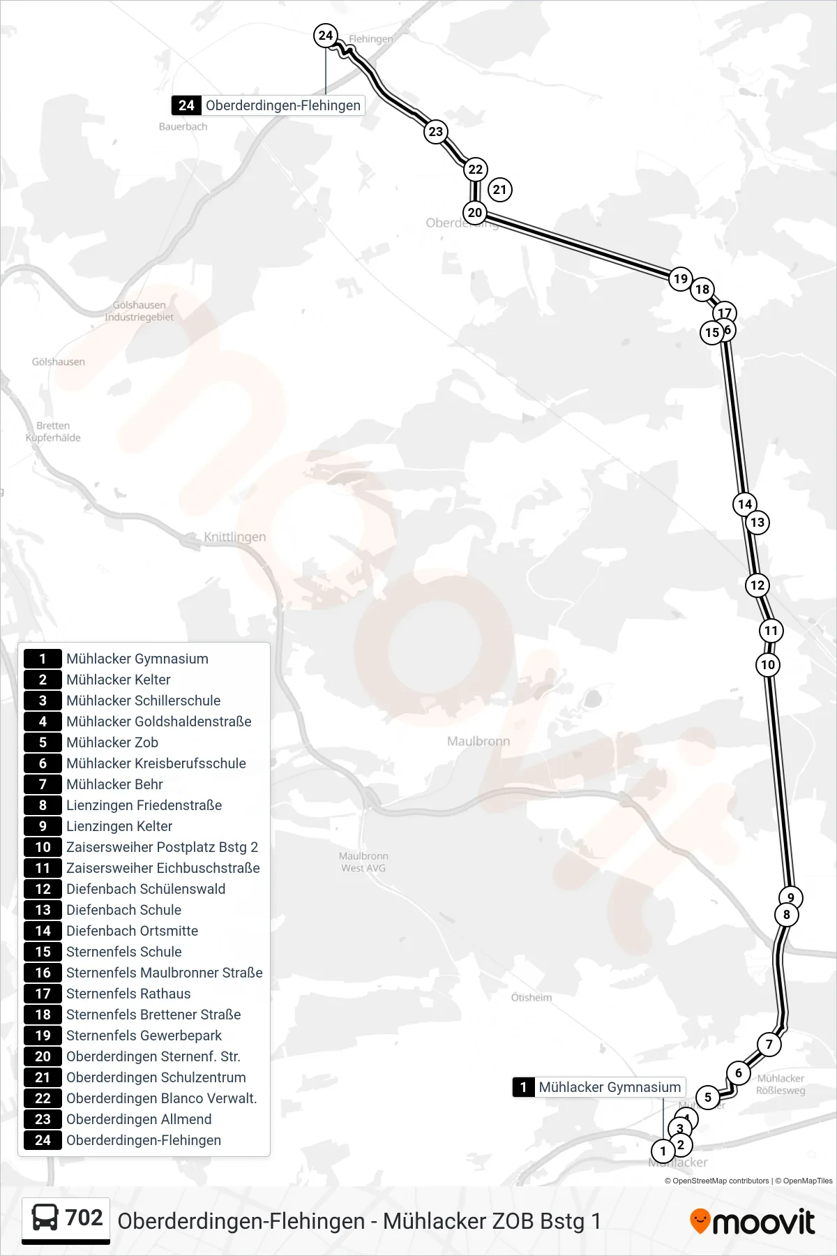702 bus Line (Oberderdingen-Flehingen) route and stops on a map