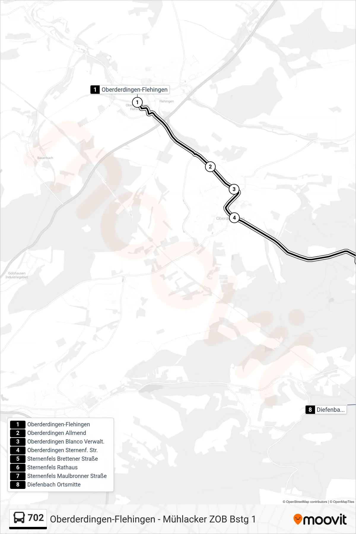 702 bus Line (Diefenbach Ortsmitte) route and stops on a map