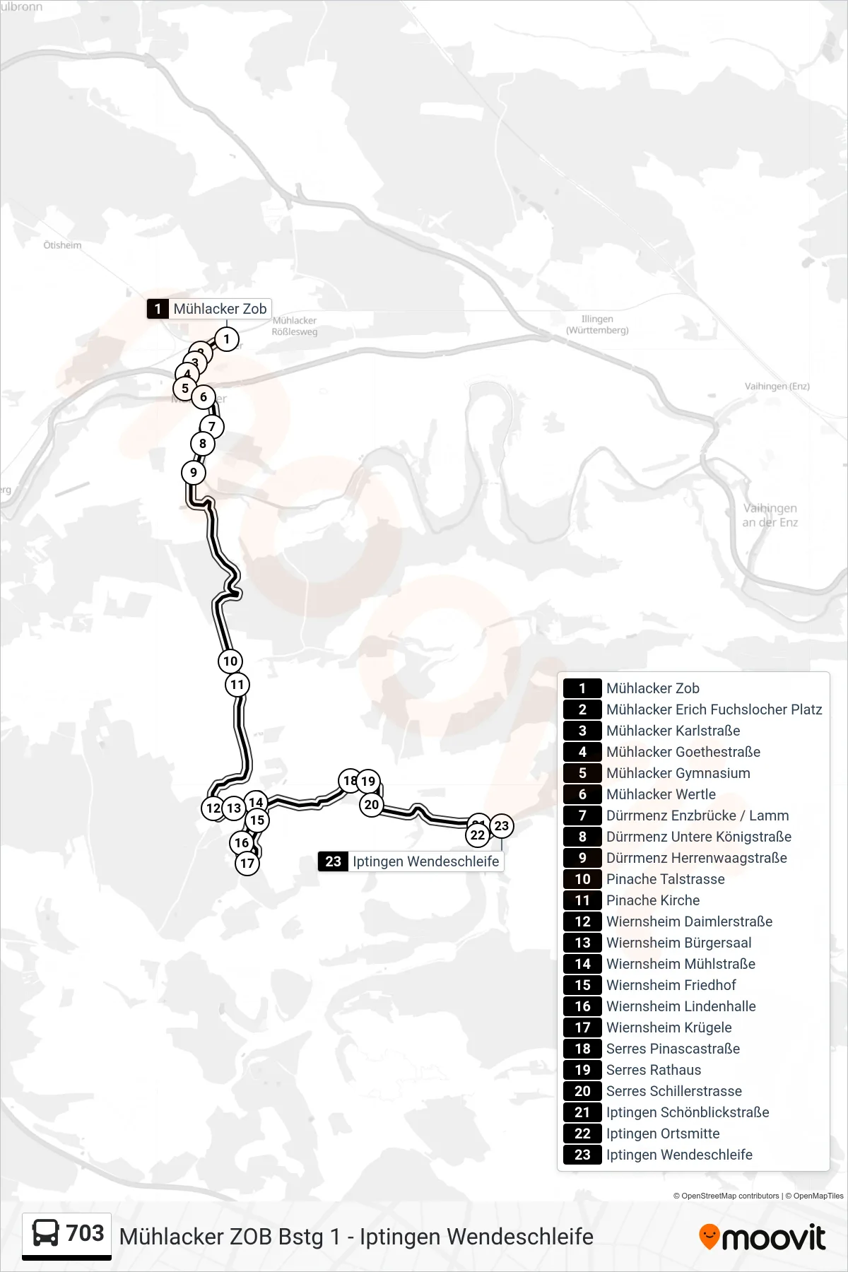 703 bus Line (Iptingen Wendeschleife) route and stops on a map