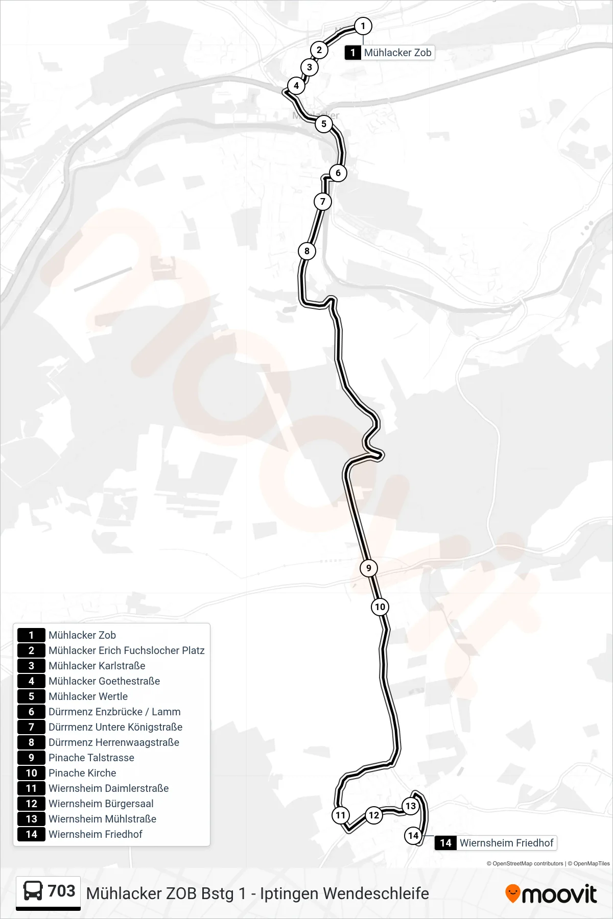 703 bus Line (Wiernsheim Friedhof) route and stops on a map