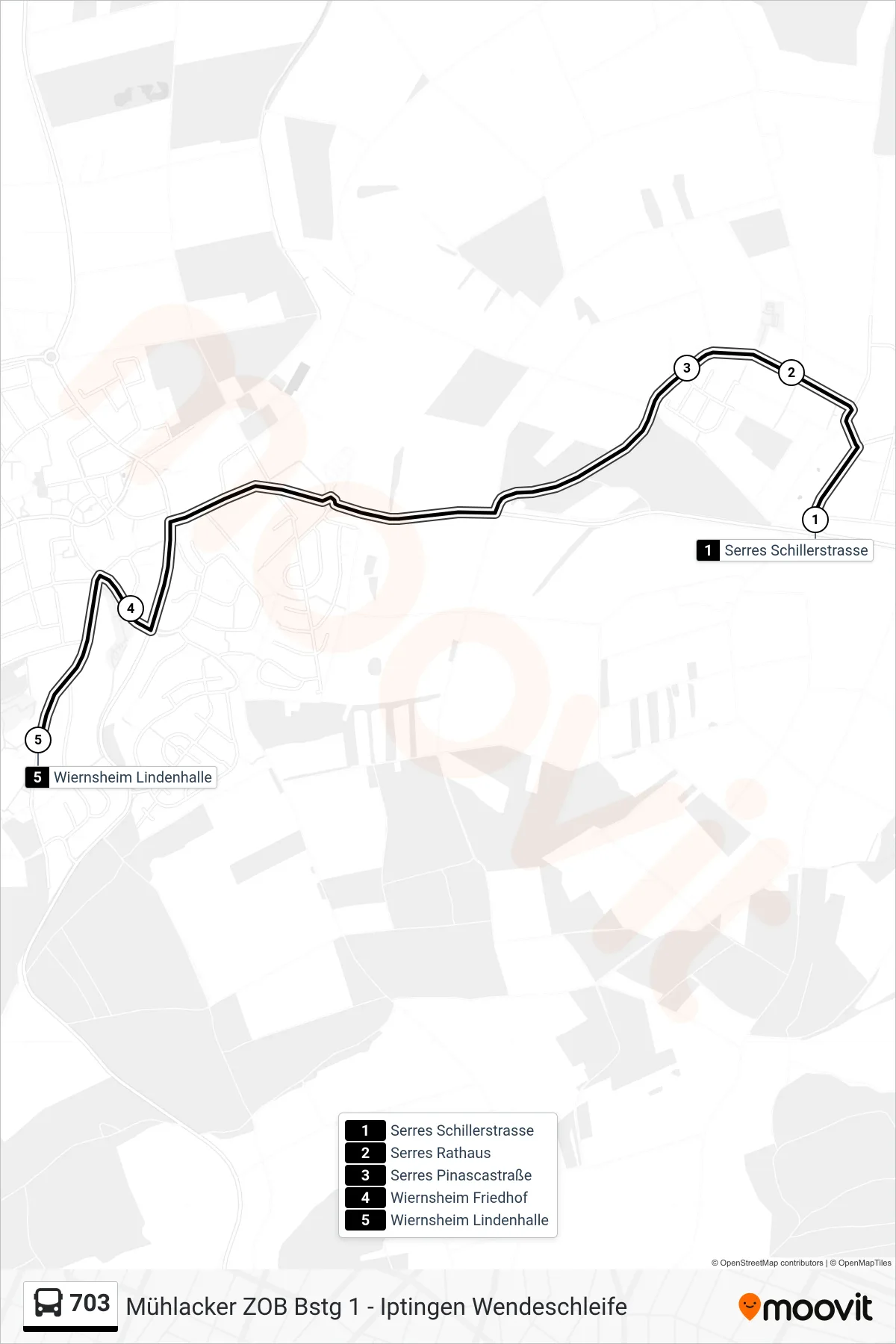 703 bus Line (Wiernsheim Lindenhalle) route and stops on a map