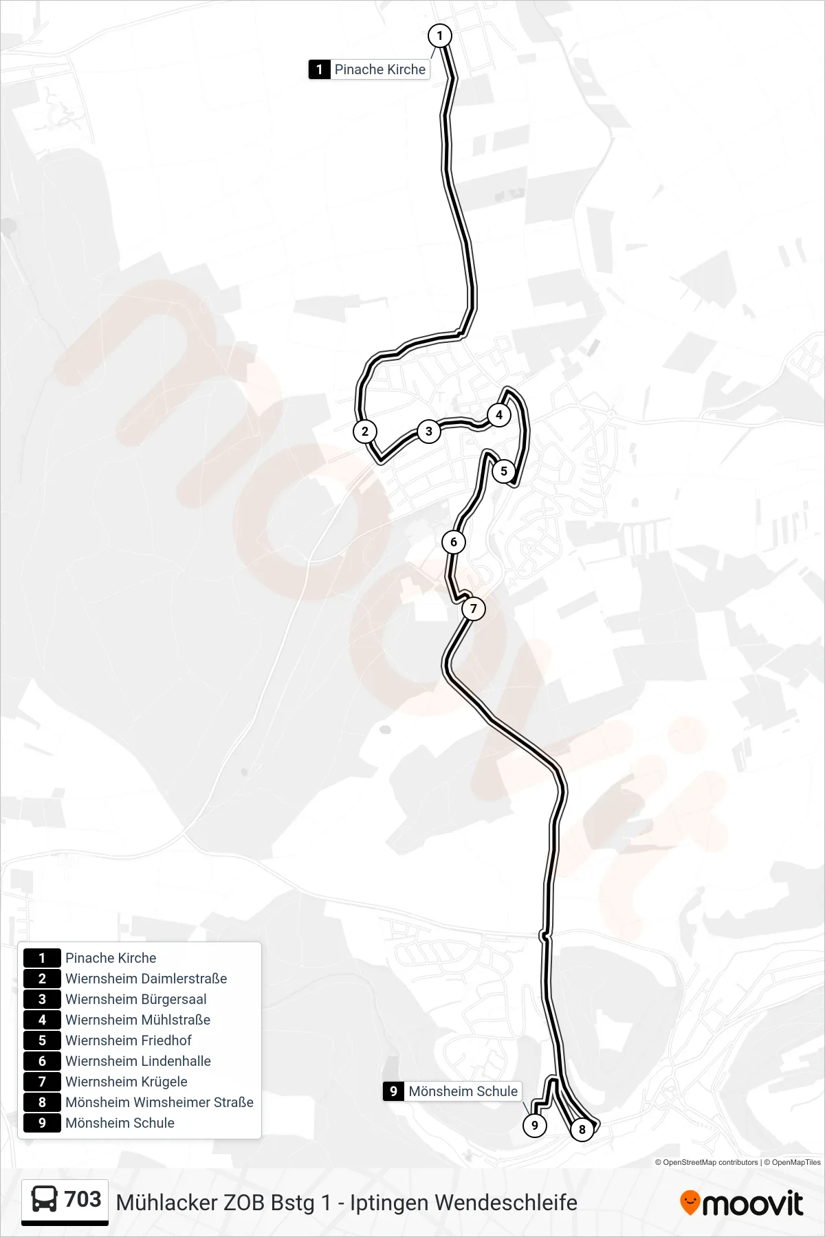 703 bus Line (Mönsheim Schule) route and stops on a map