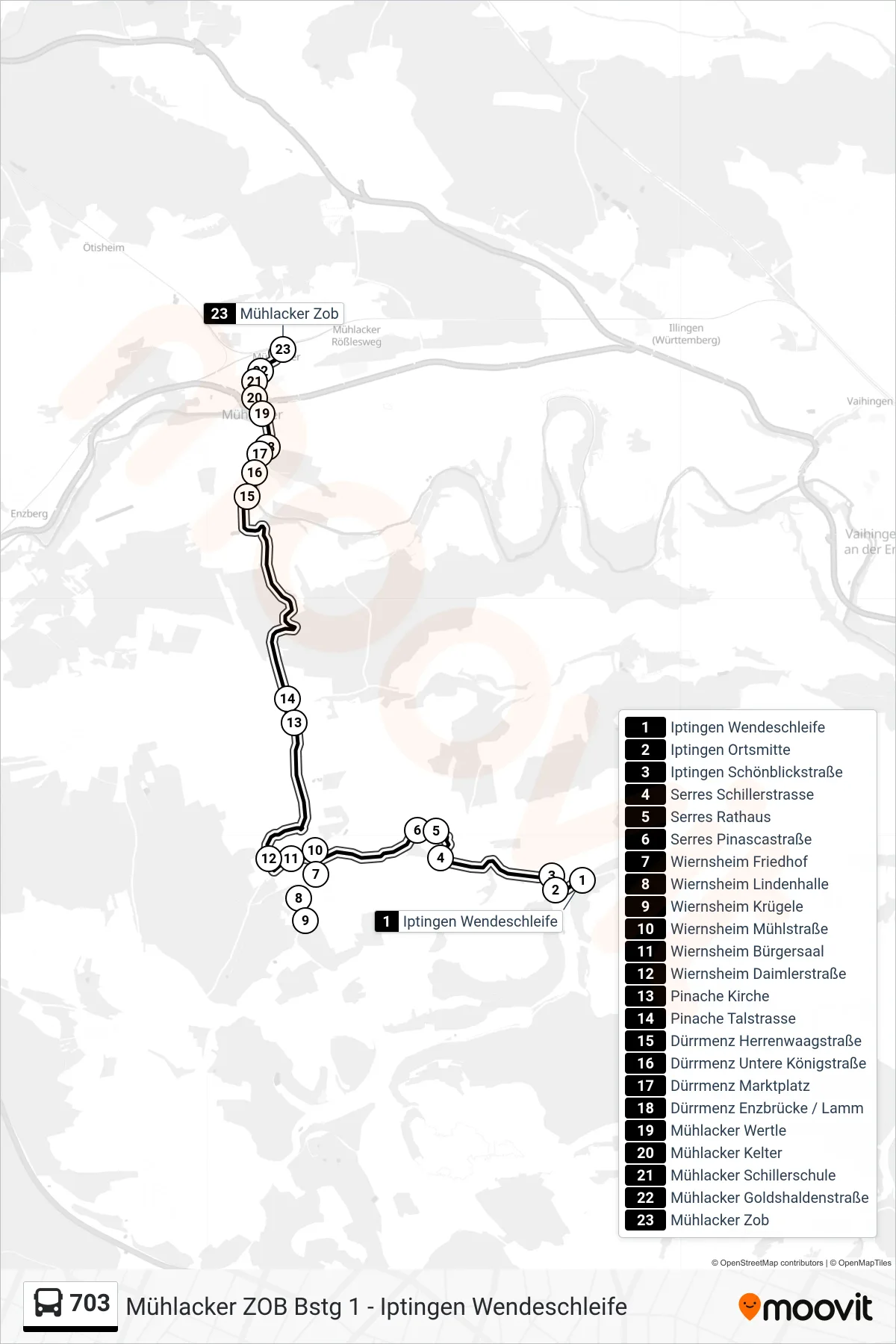 Linie 703 (Bus) Richtung Mühlacker Zob: Route und Haltestellen auf der Karte