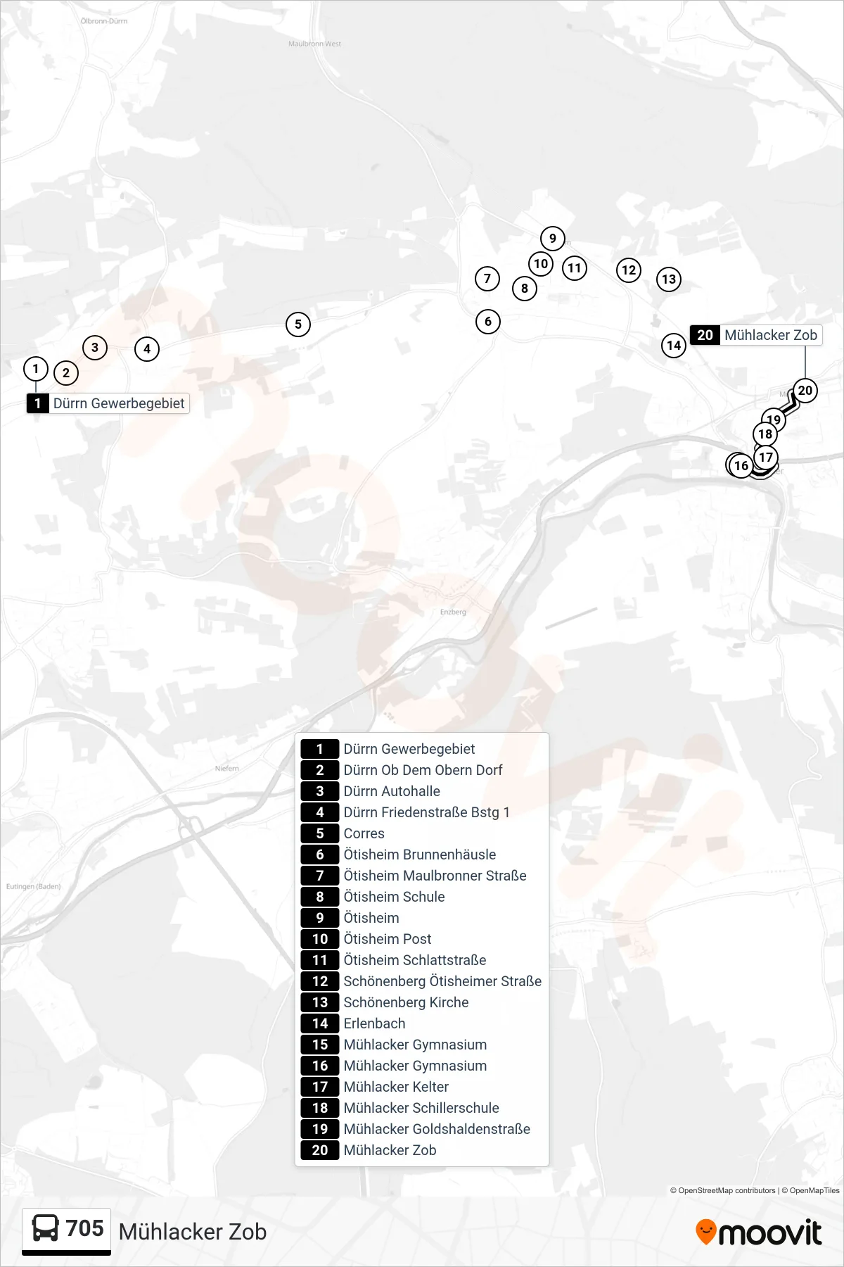 705 bus Line (Mühlacker Zob) route and stops on a map