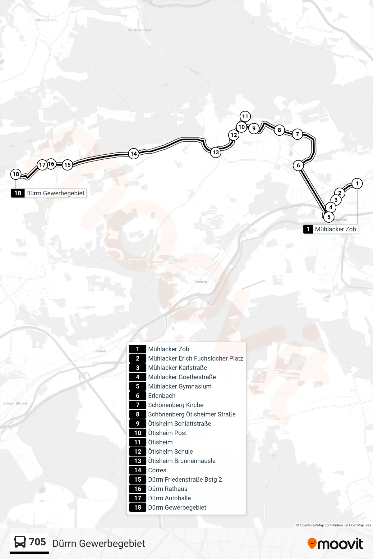 705 bus Line (Dürrn Gewerbegebiet) route and stops on a map