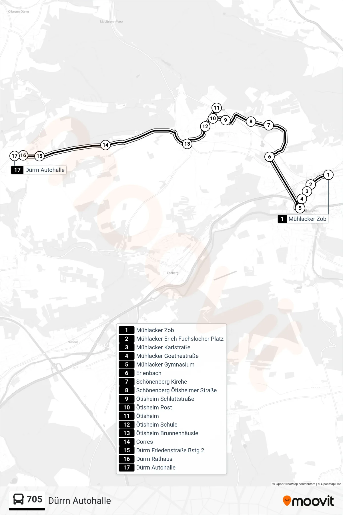 705 bus Line (Dürrn Autohalle) route and stops on a map
