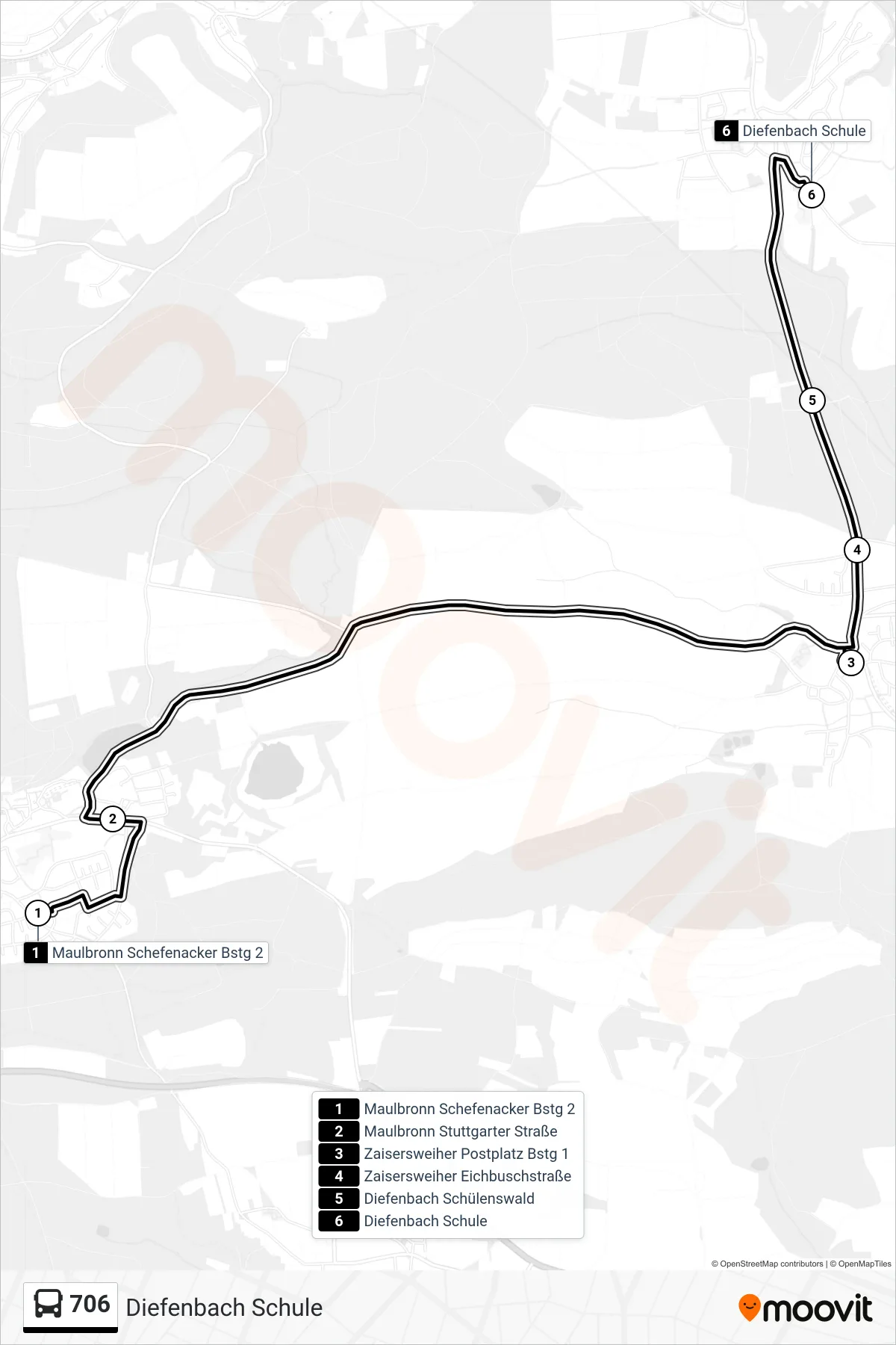 706 bus Line (Diefenbach Schule) route and stops on a map