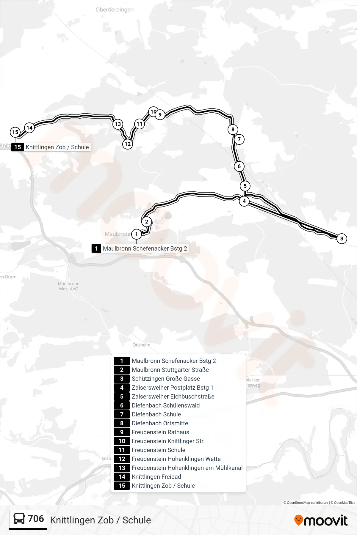 706 bus Line (Knittlingen Zob / Schule) route and stops on a map