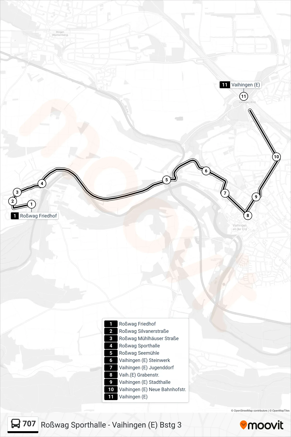 707 bus Line (Vaihingen (E)) route and stops on a map