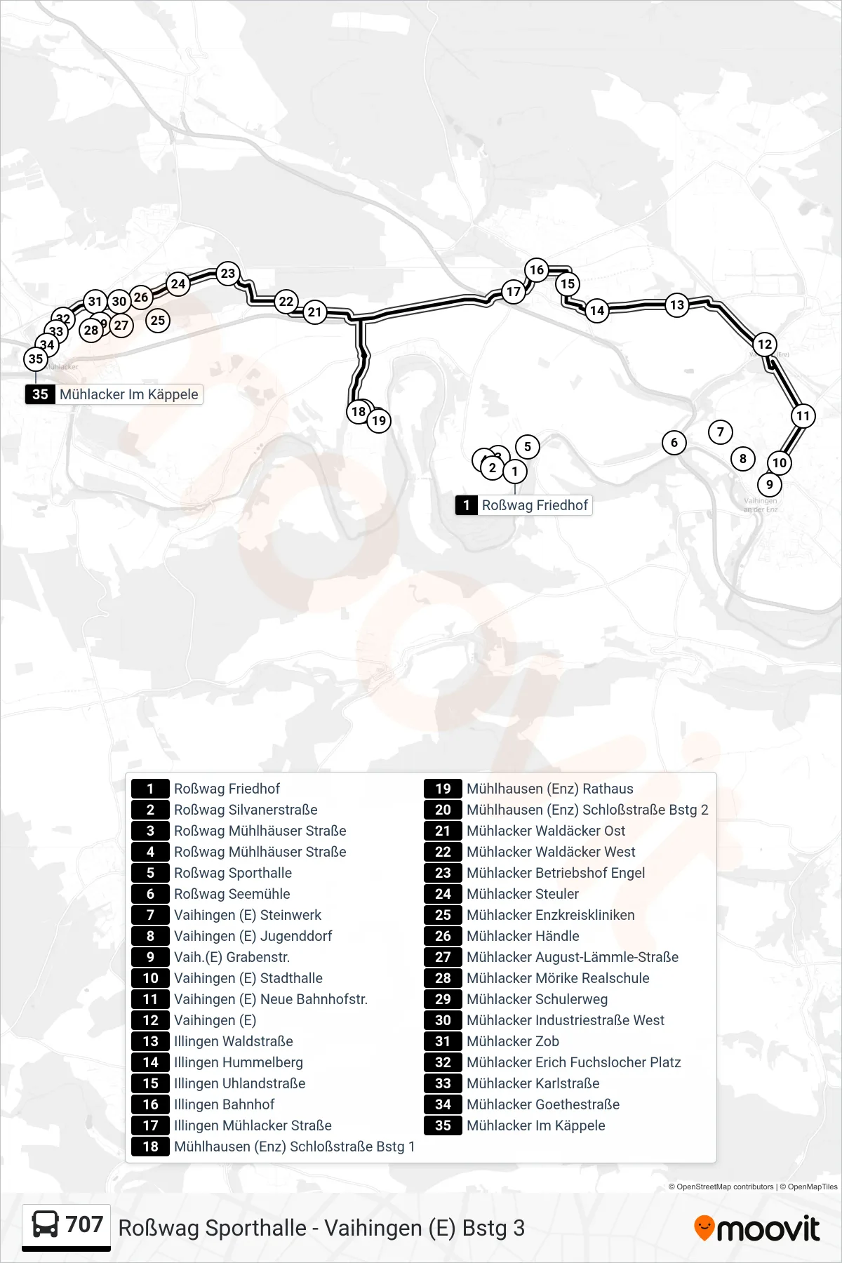 Linie 707 (Bus) Richtung Mühlacker Im Käppele: Route und Haltestellen auf der Karte