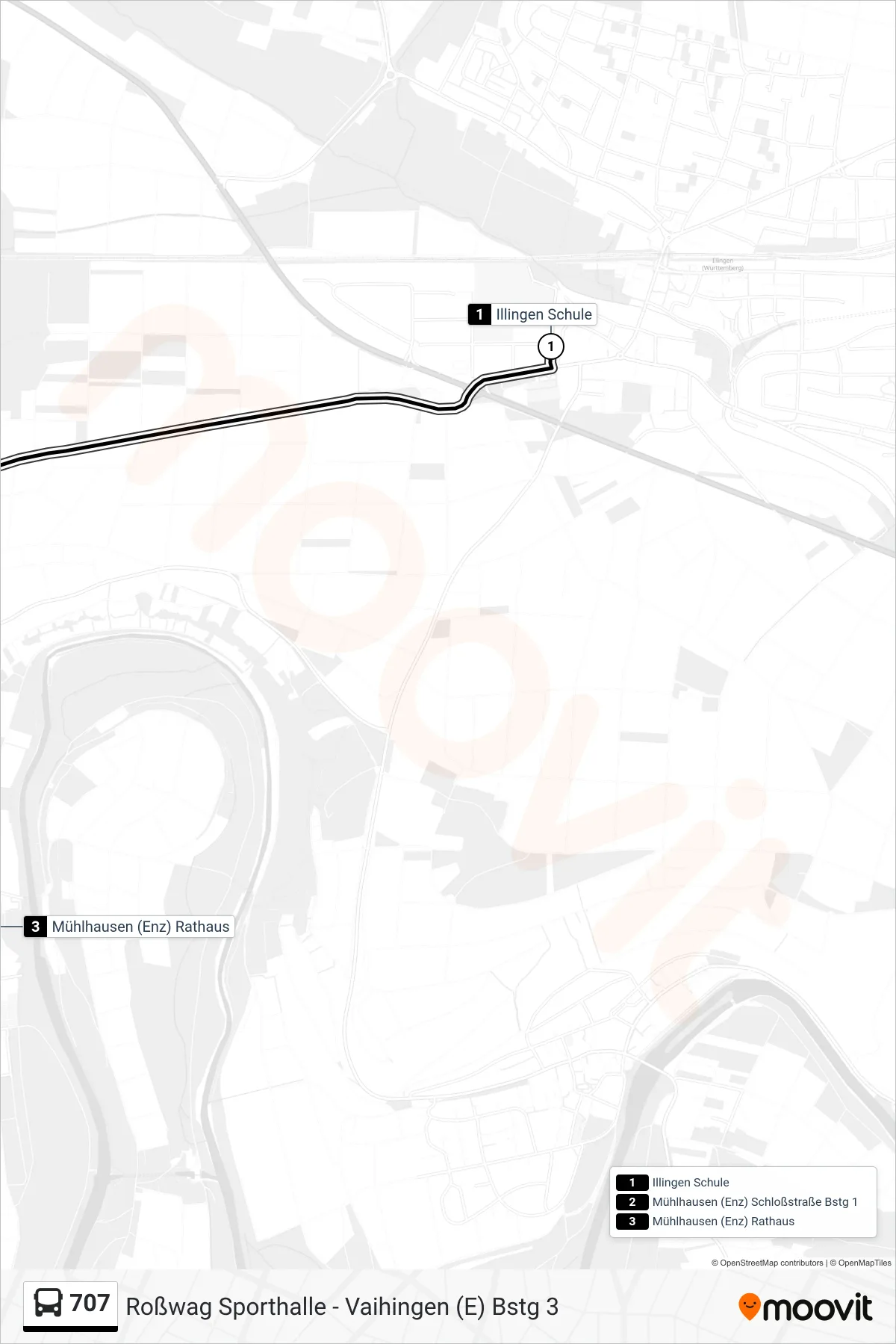 707 bus Line (Mühlhausen (Enz) Rathaus) route and stops on a map