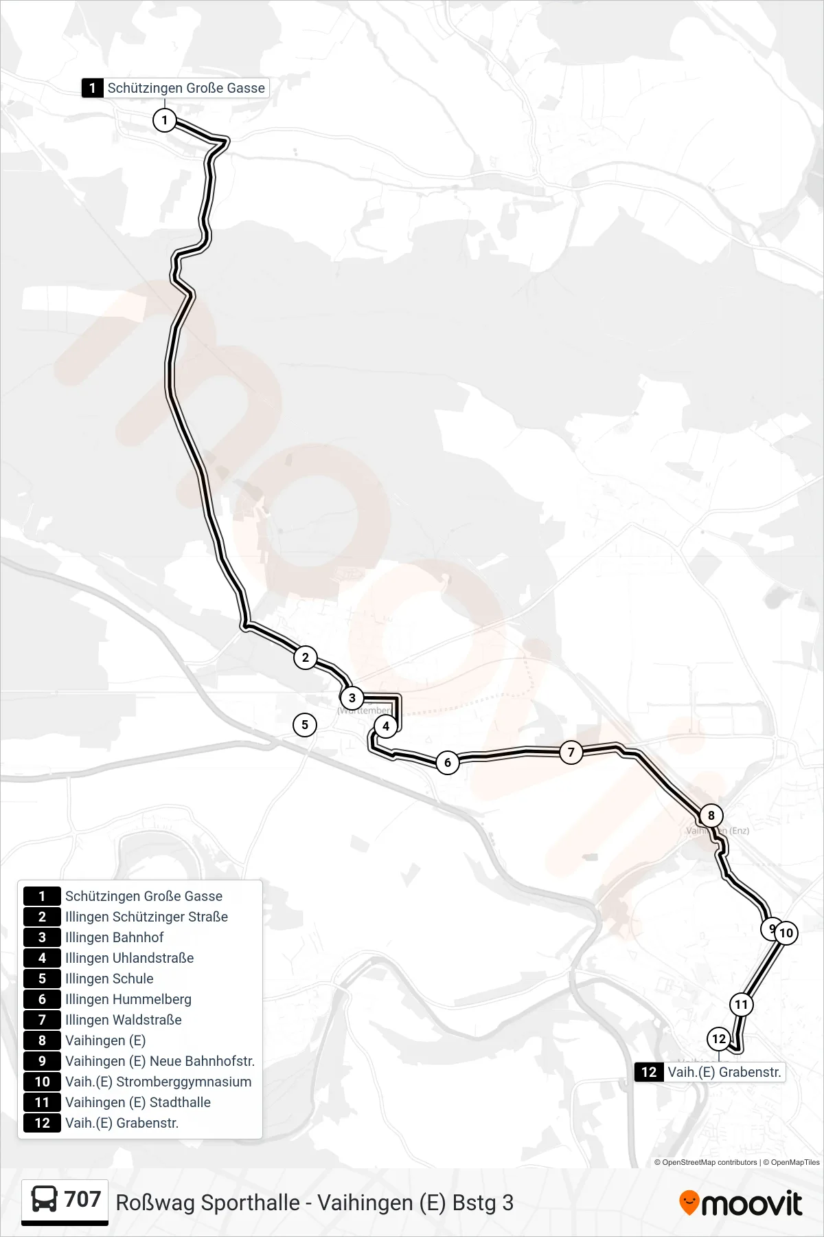 707 bus Line (Vaih.(E) Grabenstr.) route and stops on a map