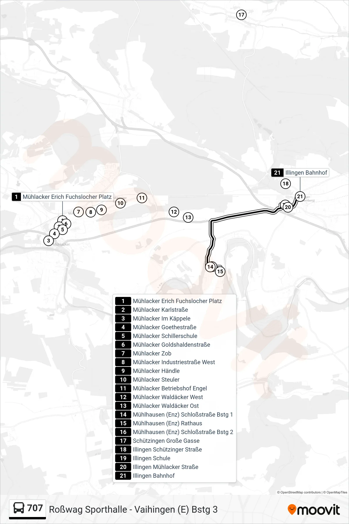 707 bus Line (Illingen Bahnhof) route and stops on a map
