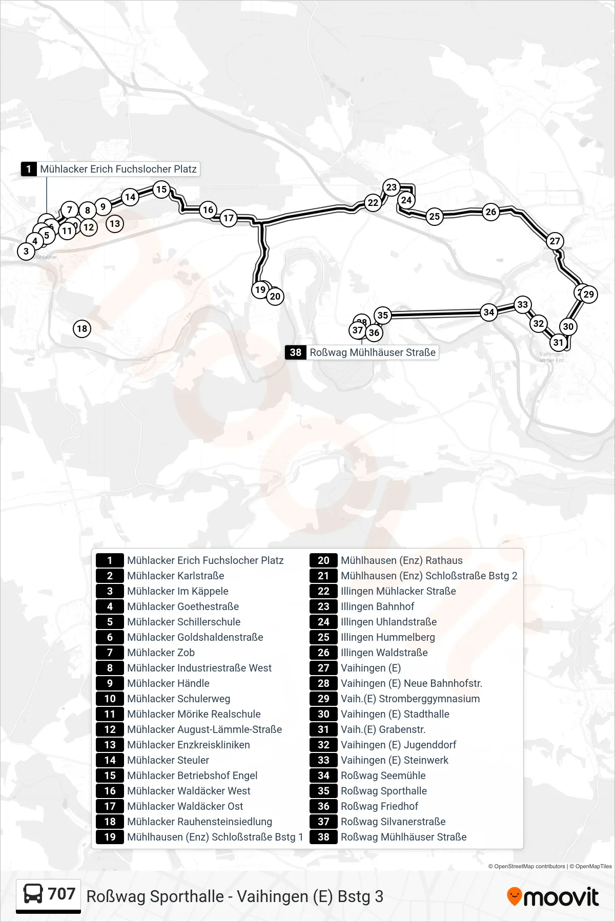 707 bus Line (Roßwag Mühlhäuser Straße) route and stops on a map