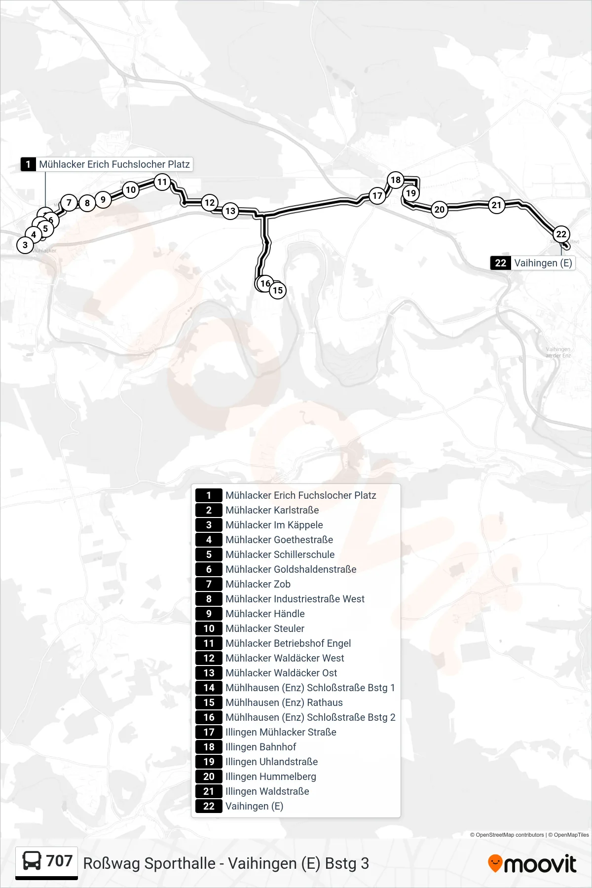 707 bus Line (Vaihingen (E)) route and stops on a map