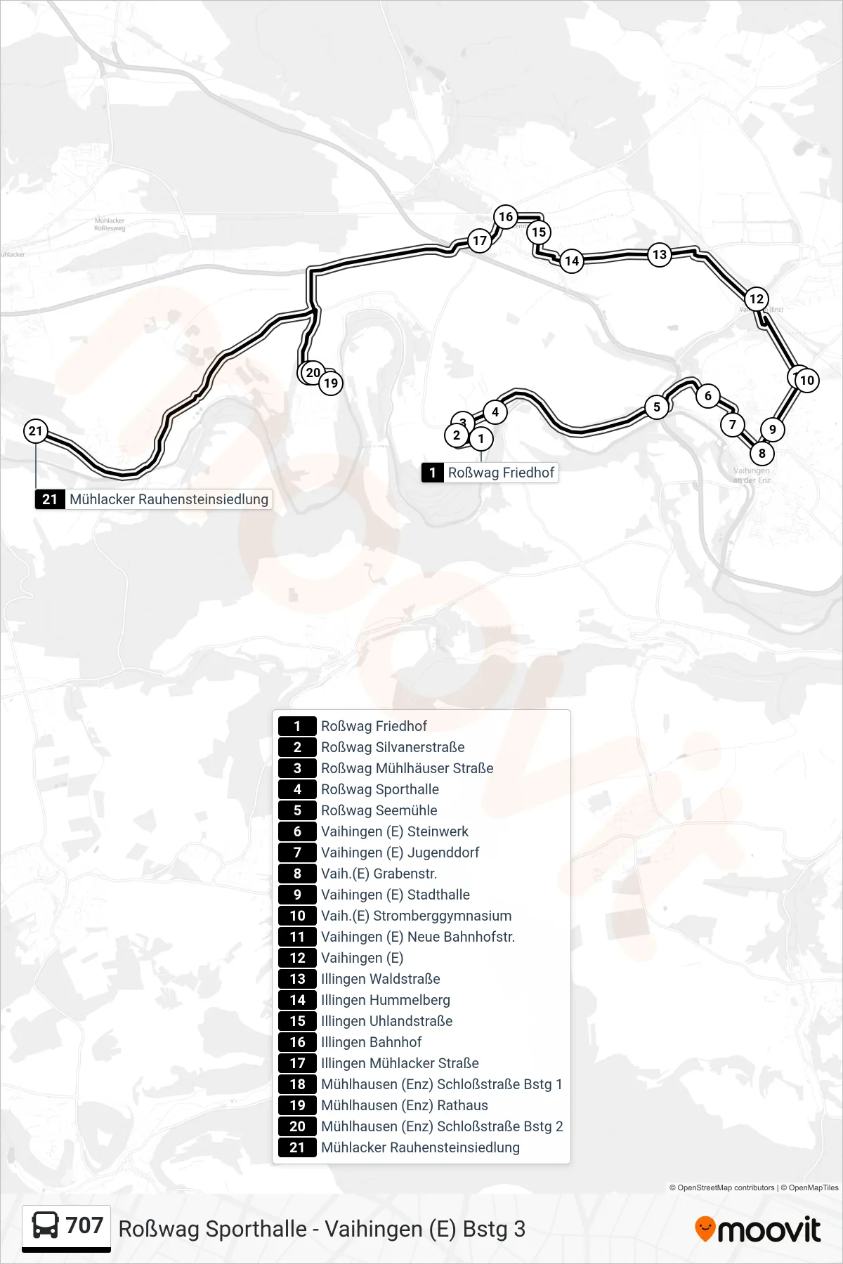 707 bus Line (Mühlacker Rauhensteinsiedlung) route and stops on a map
