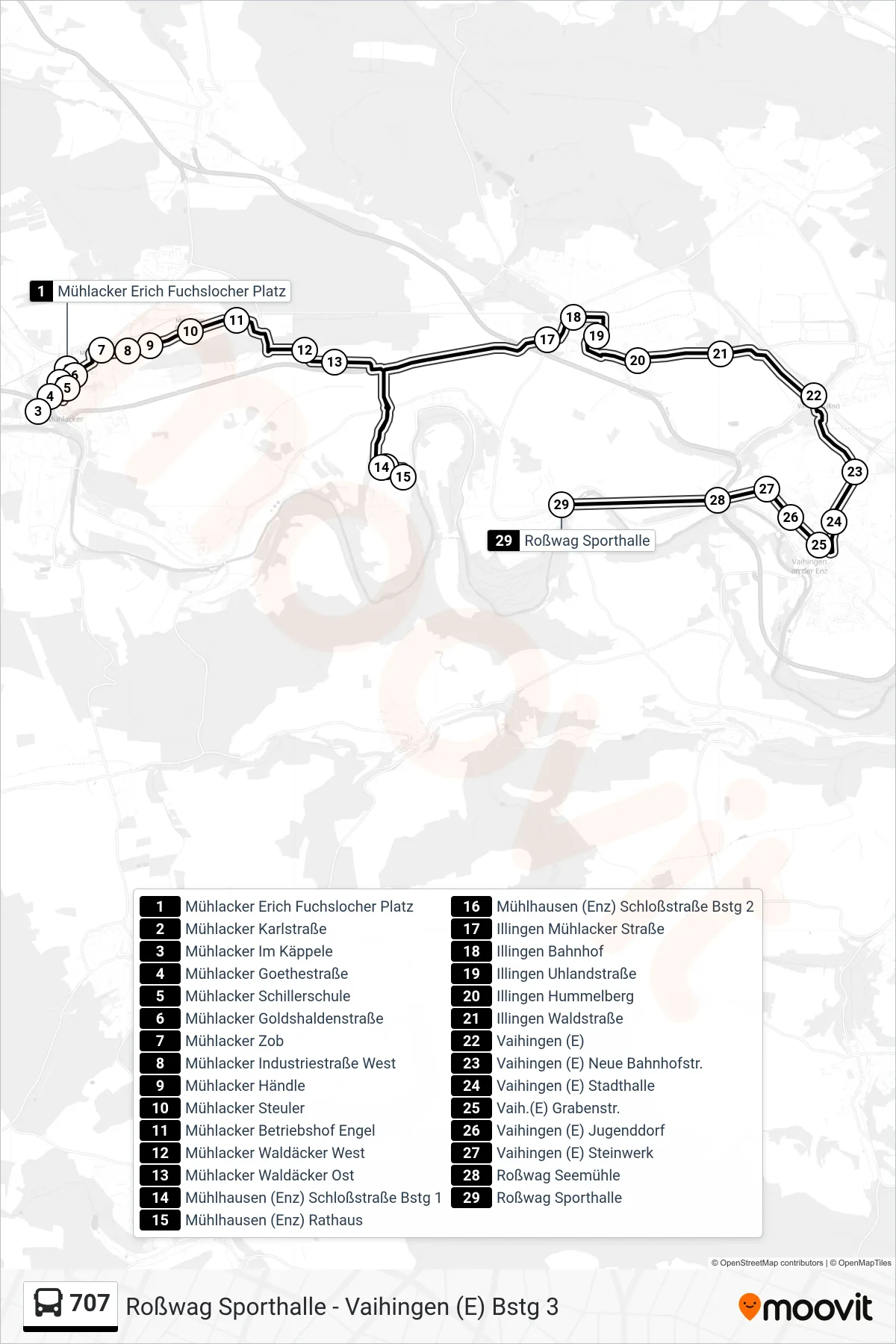 707 bus Line (Roßwag Sporthalle) route and stops on a map