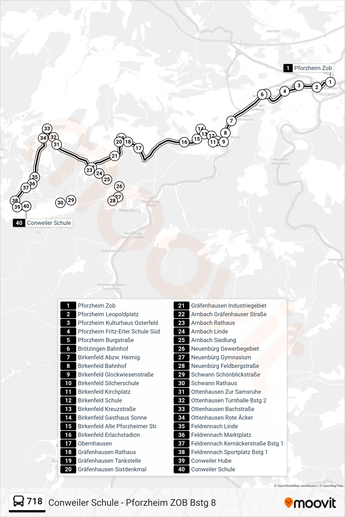 718 bus Line (Conweiler Schule) route and stops on a map