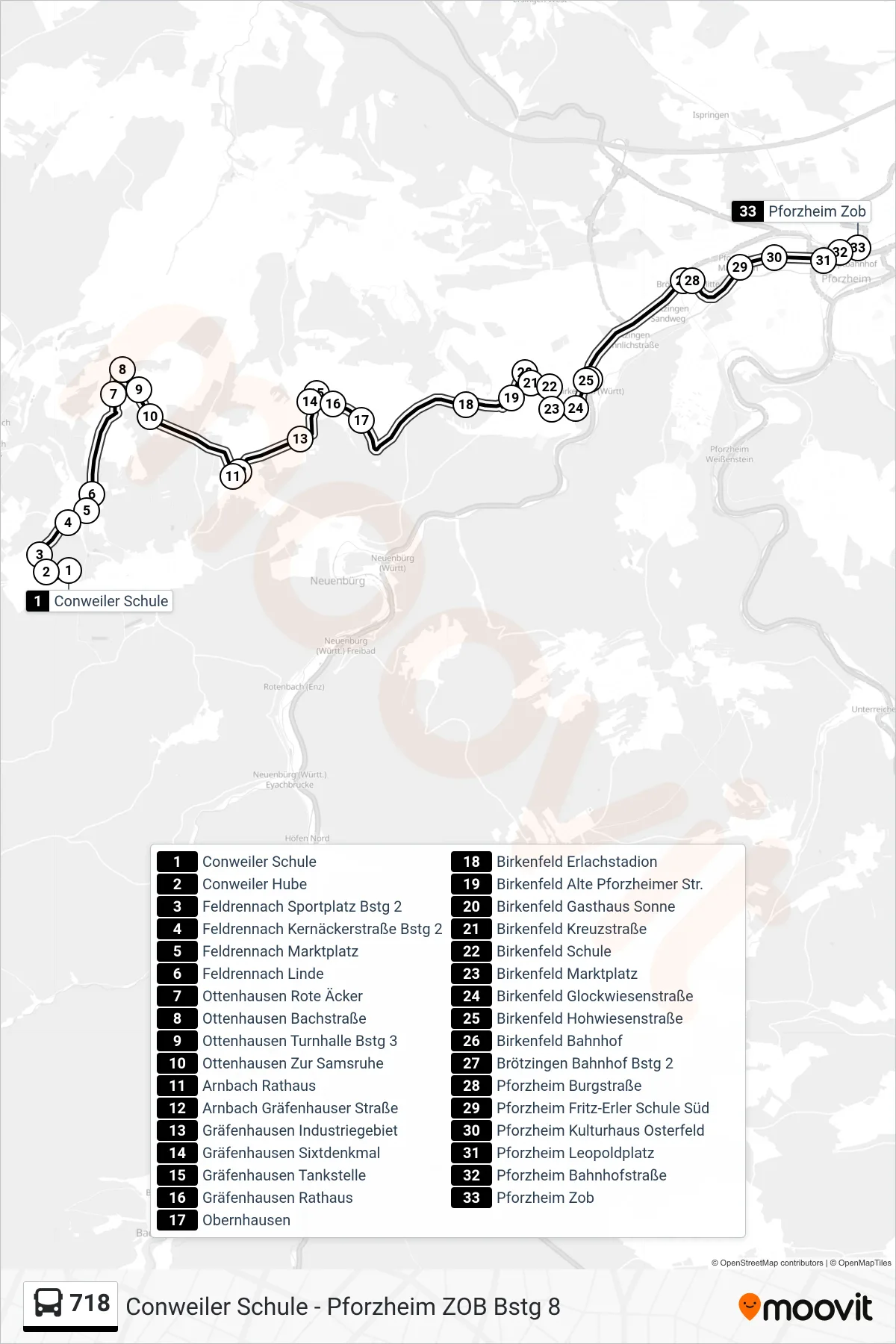 Linie 718 (Bus) Richtung Pforzheim Zob: Route und Haltestellen auf der Karte