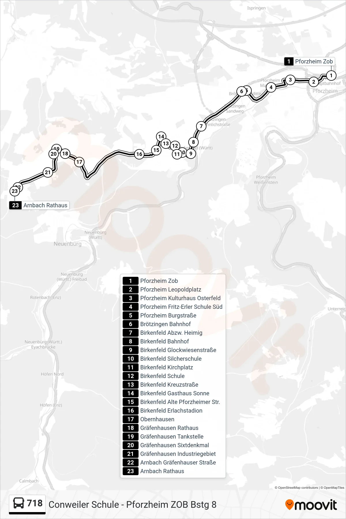 718 bus Line (Arnbach Rathaus) route and stops on a map