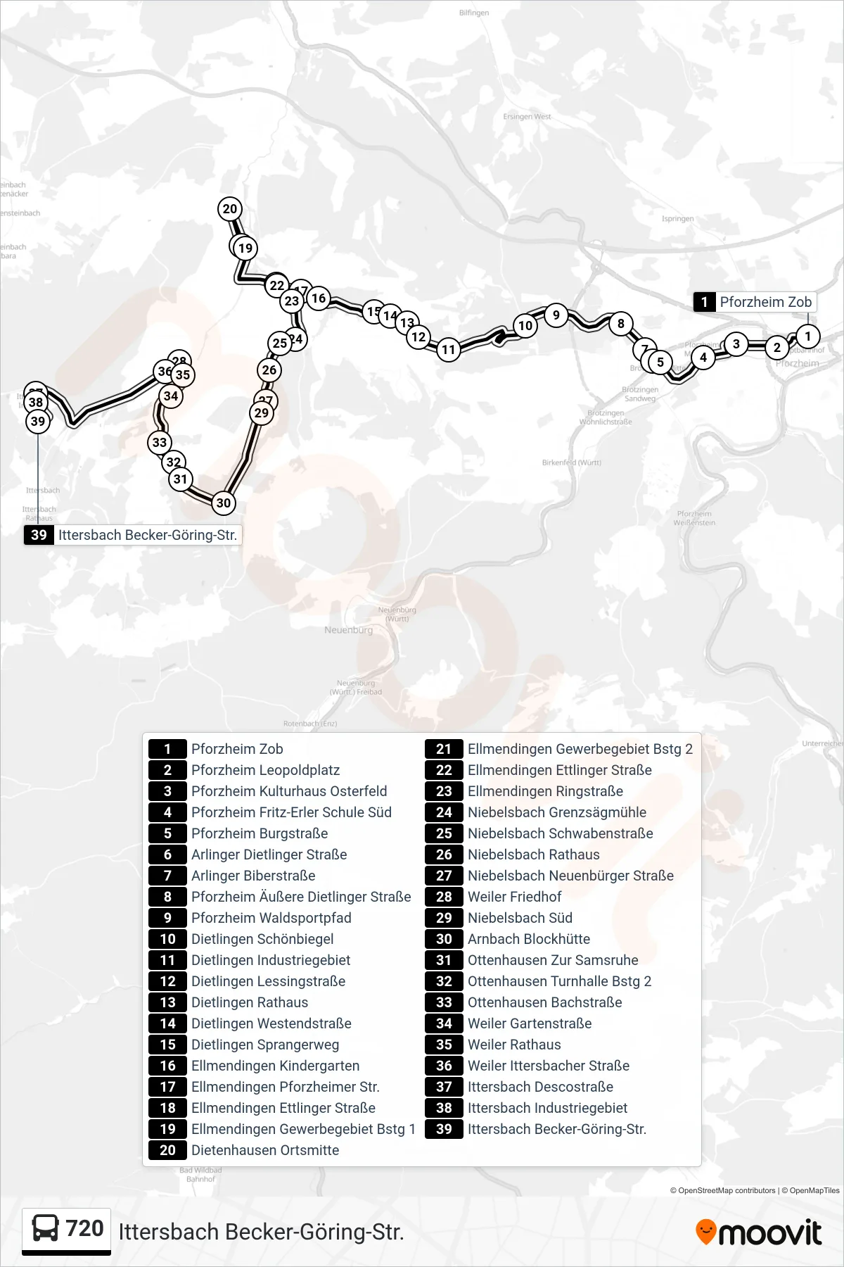 720 bus Line (Ittersbach Becker-Göring-Str.) route and stops on a map