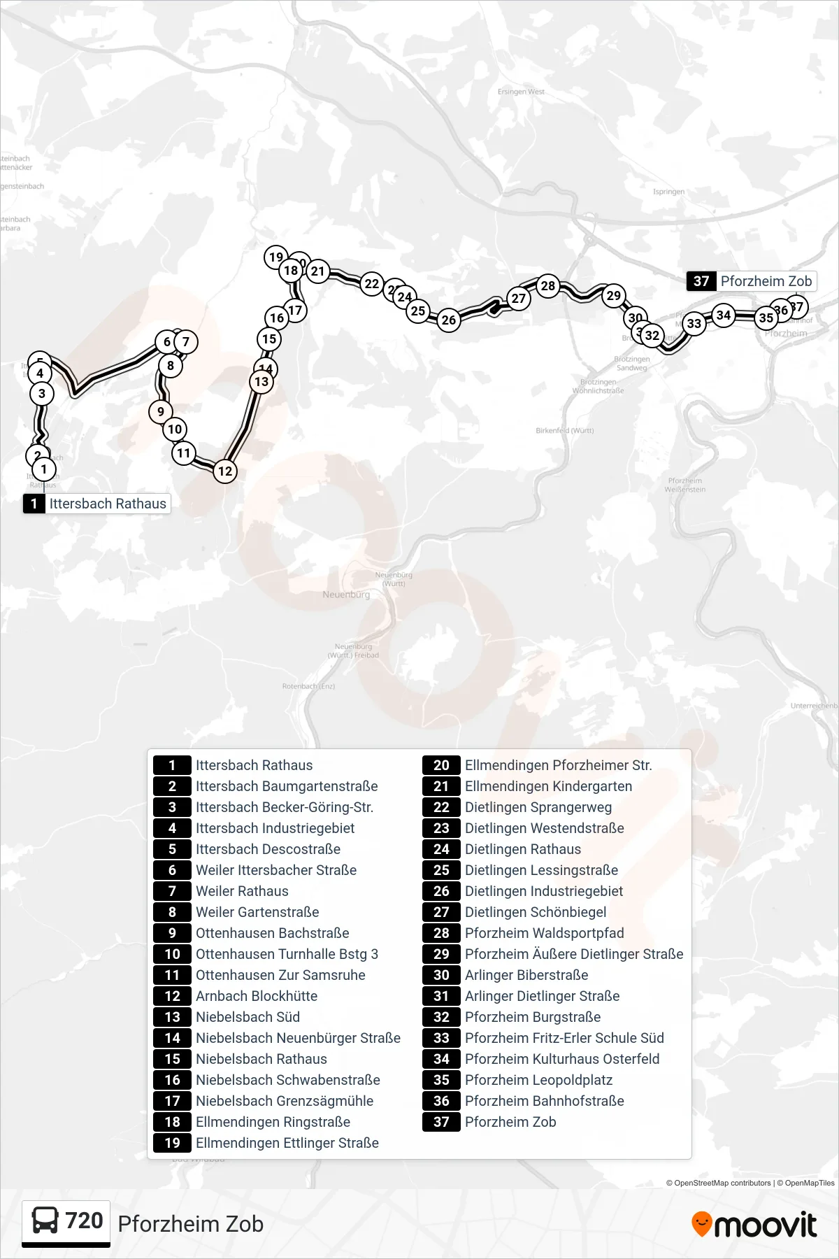 Linie 720 (Bus) Richtung Pforzheim Zob: Route und Haltestellen auf der Karte
