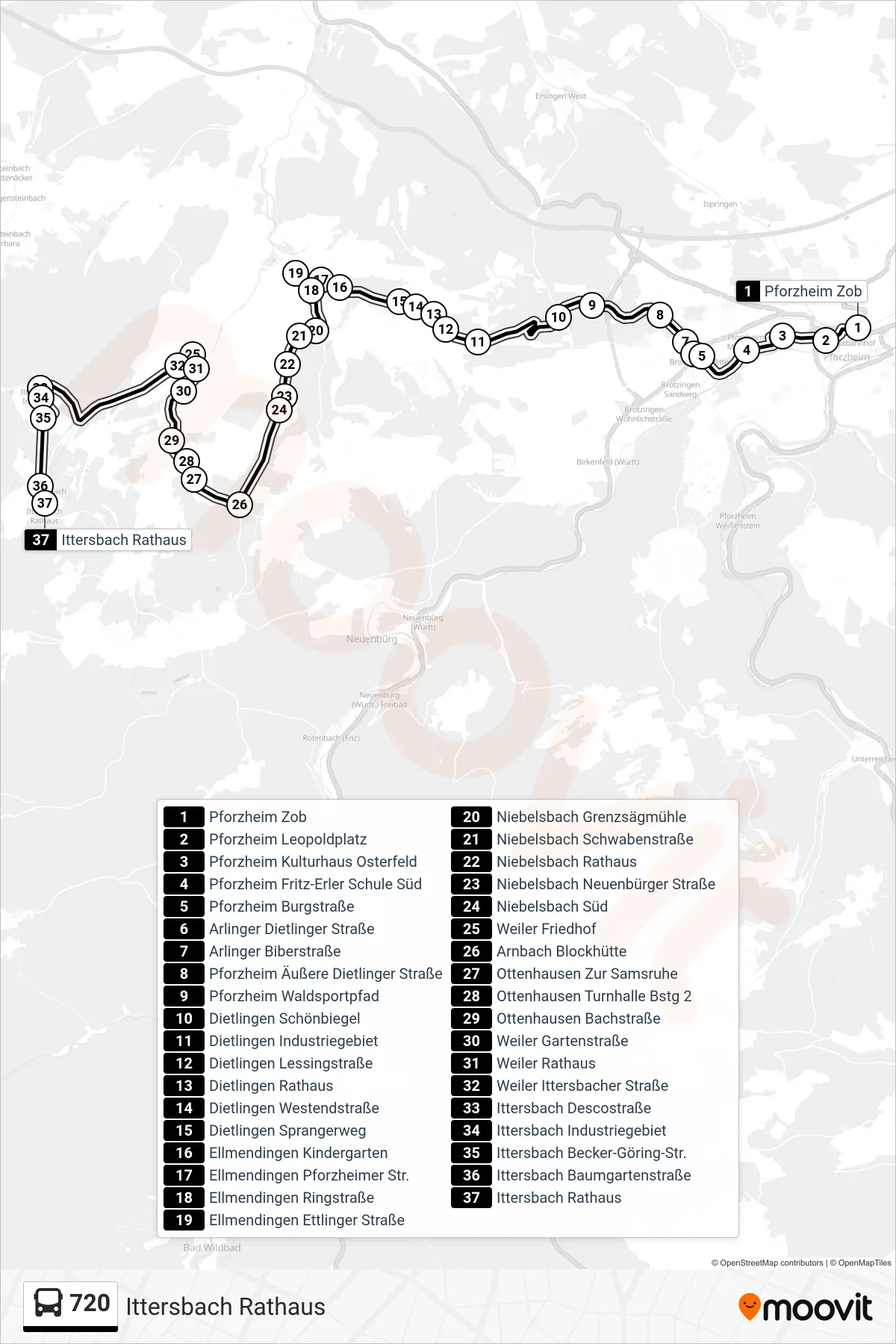 720 bus Line (Ittersbach Rathaus) route and stops on a map