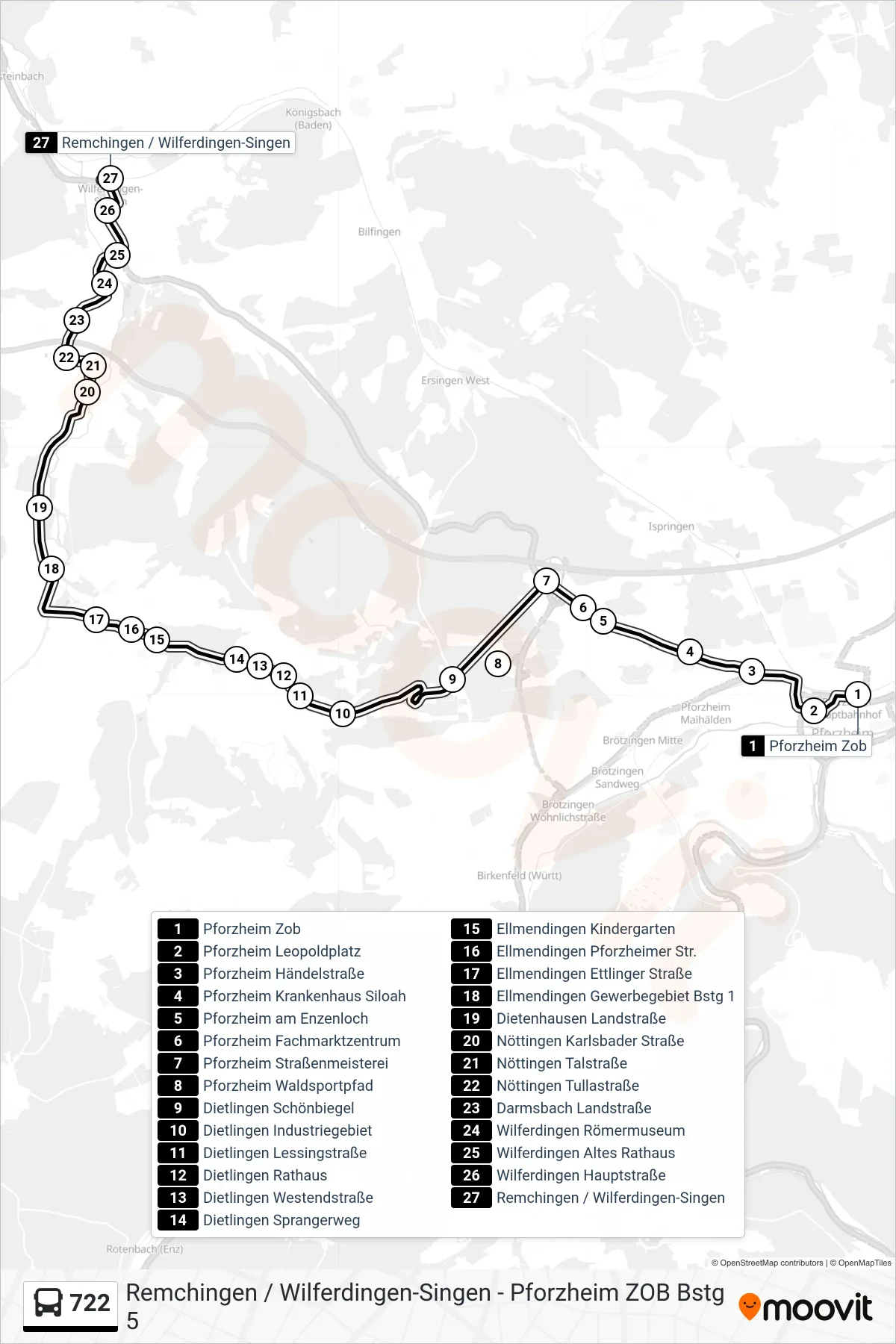 722 bus Line (Remchingen / Wilferdingen-Singen) route and stops on a map