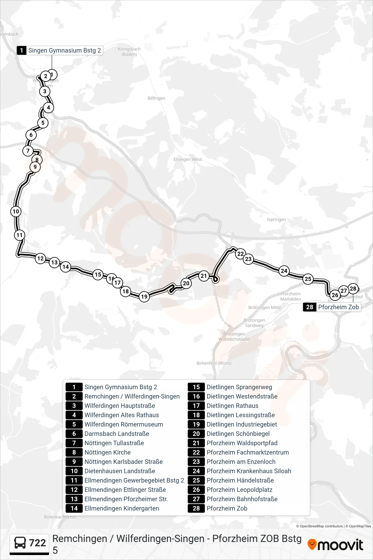 722 bus Line (Pforzheim Zob) route and stops on a map