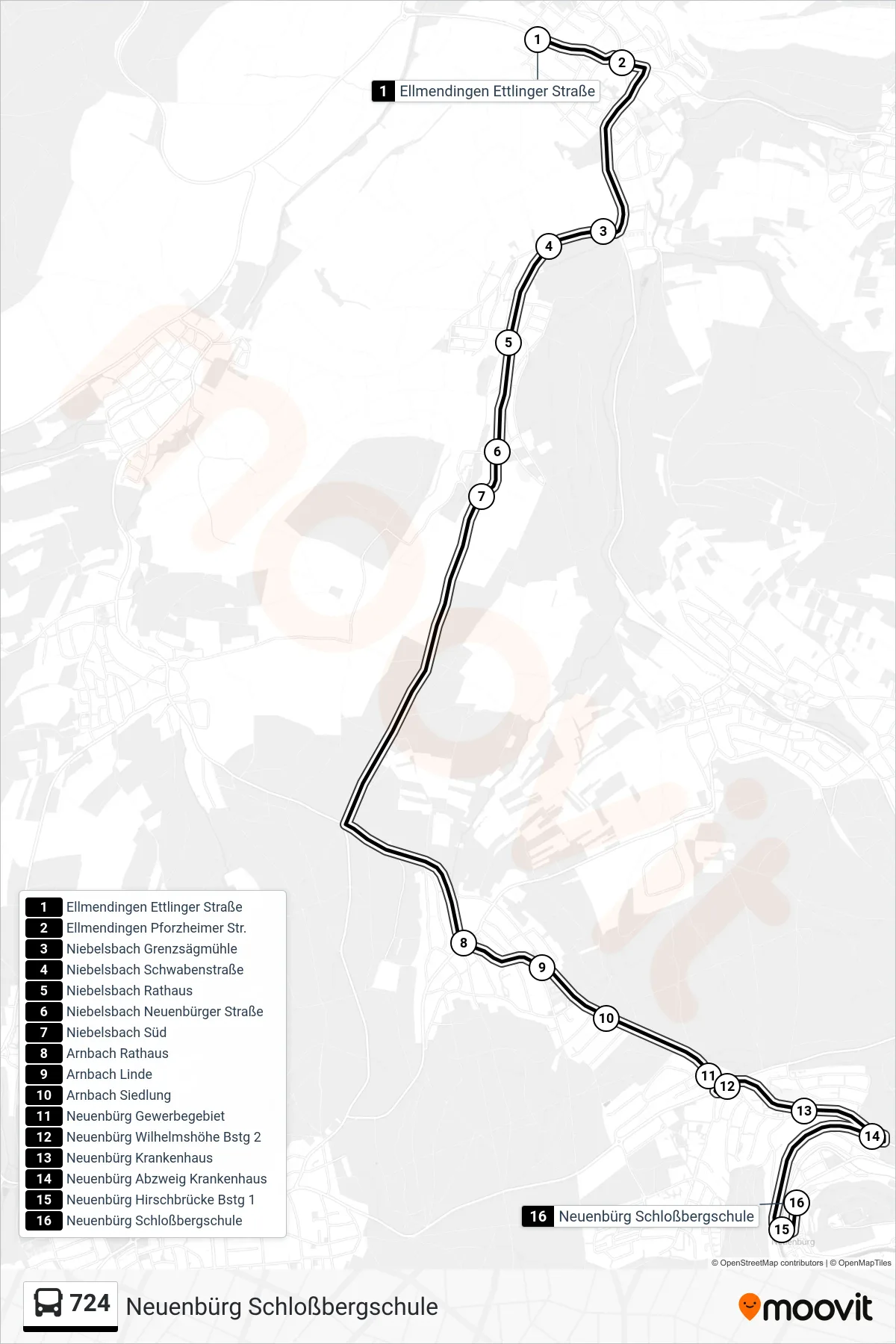 724 bus Line (Neuenbürg Schloßbergschule) route and stops on a map